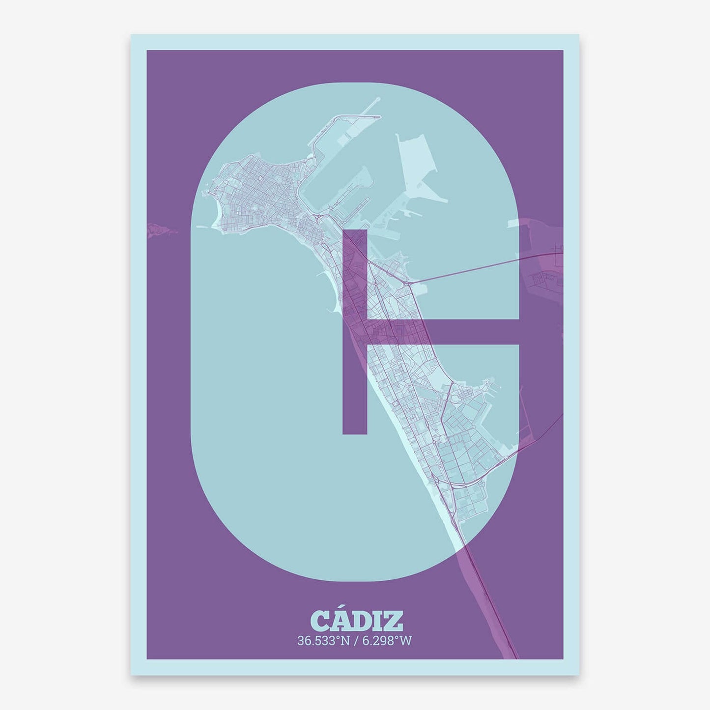 The map of Cadiz composed with letters in a heavy geometric font printed on purple and light blue