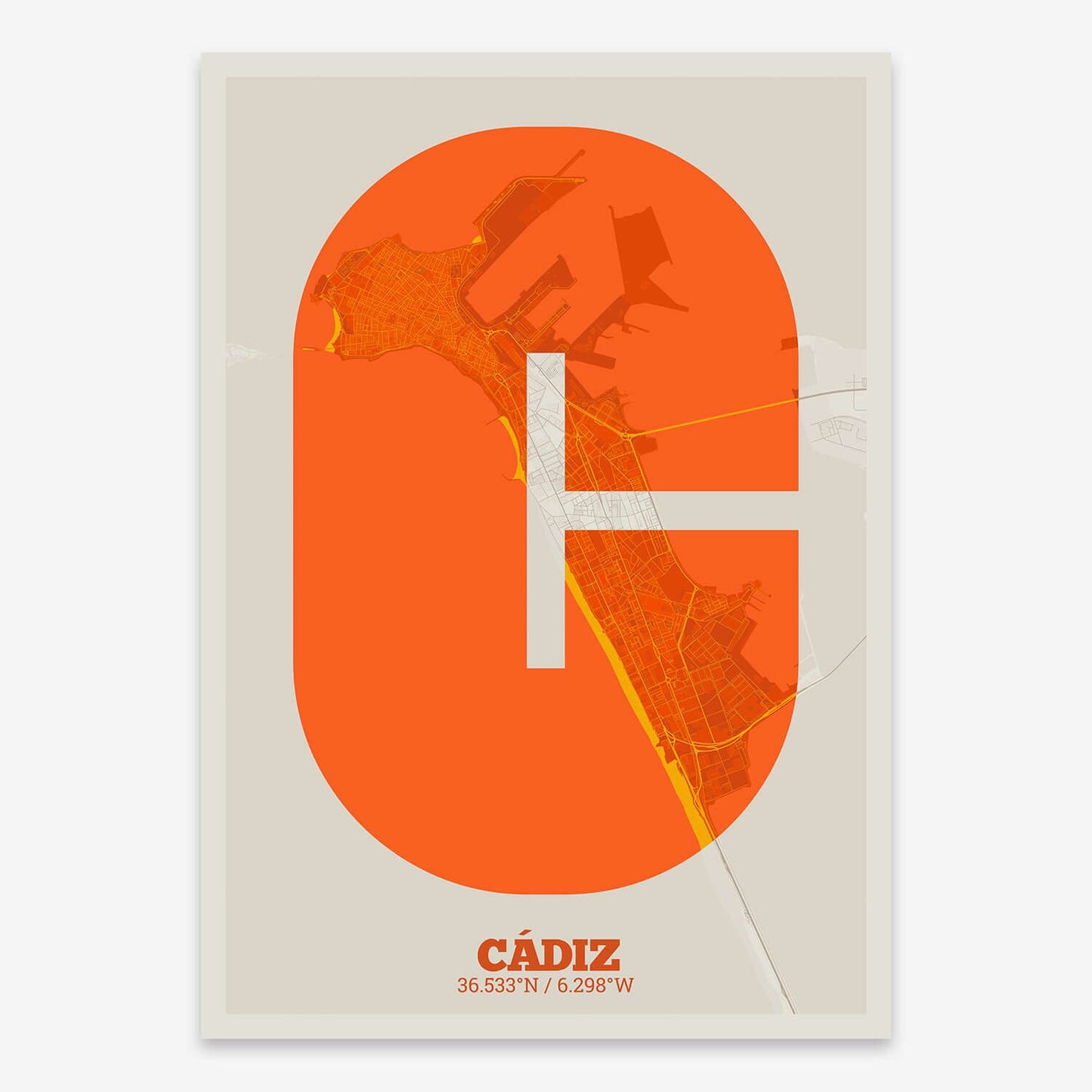 The map of Cadiz composed with letters in a heavy geometric font printed on orange and an off-white background