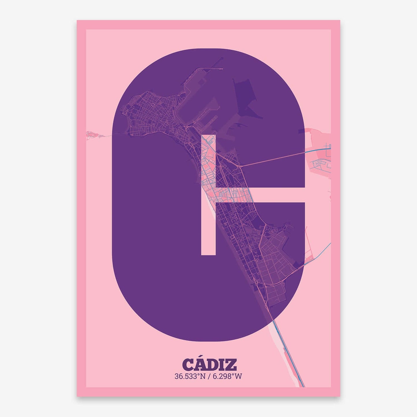 The map of Cadiz composed with letters in a heavy geometric font printed on violet y pink background
