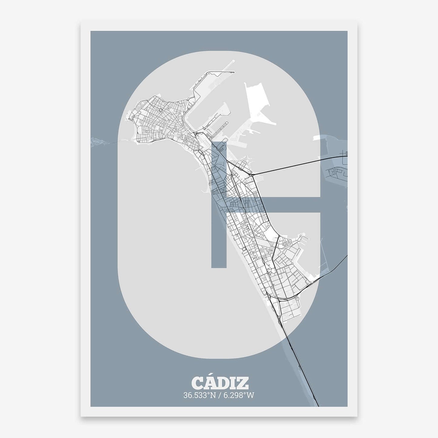 The map of Cadiz composed with letters in a heavy geometric font printed on black and white