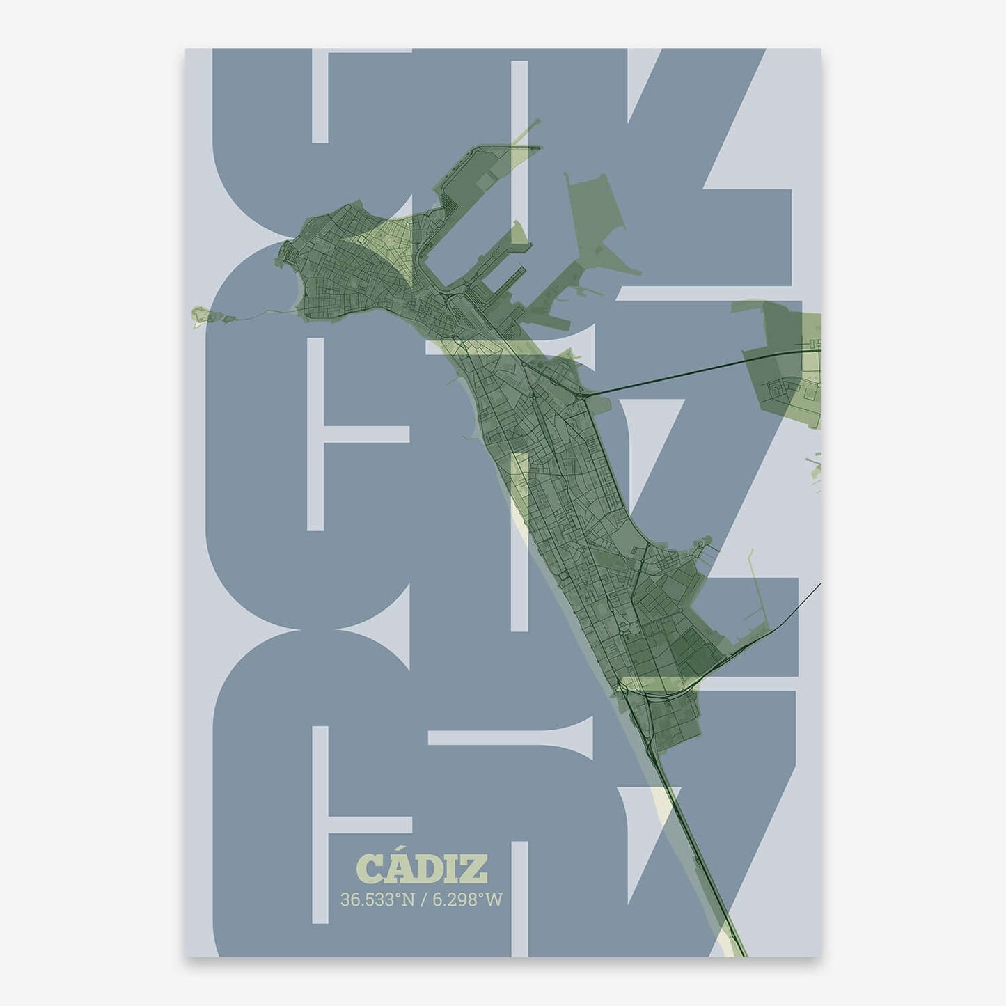 The map of Cadiz composed with letters from its name or IATA code printed on two green tones
