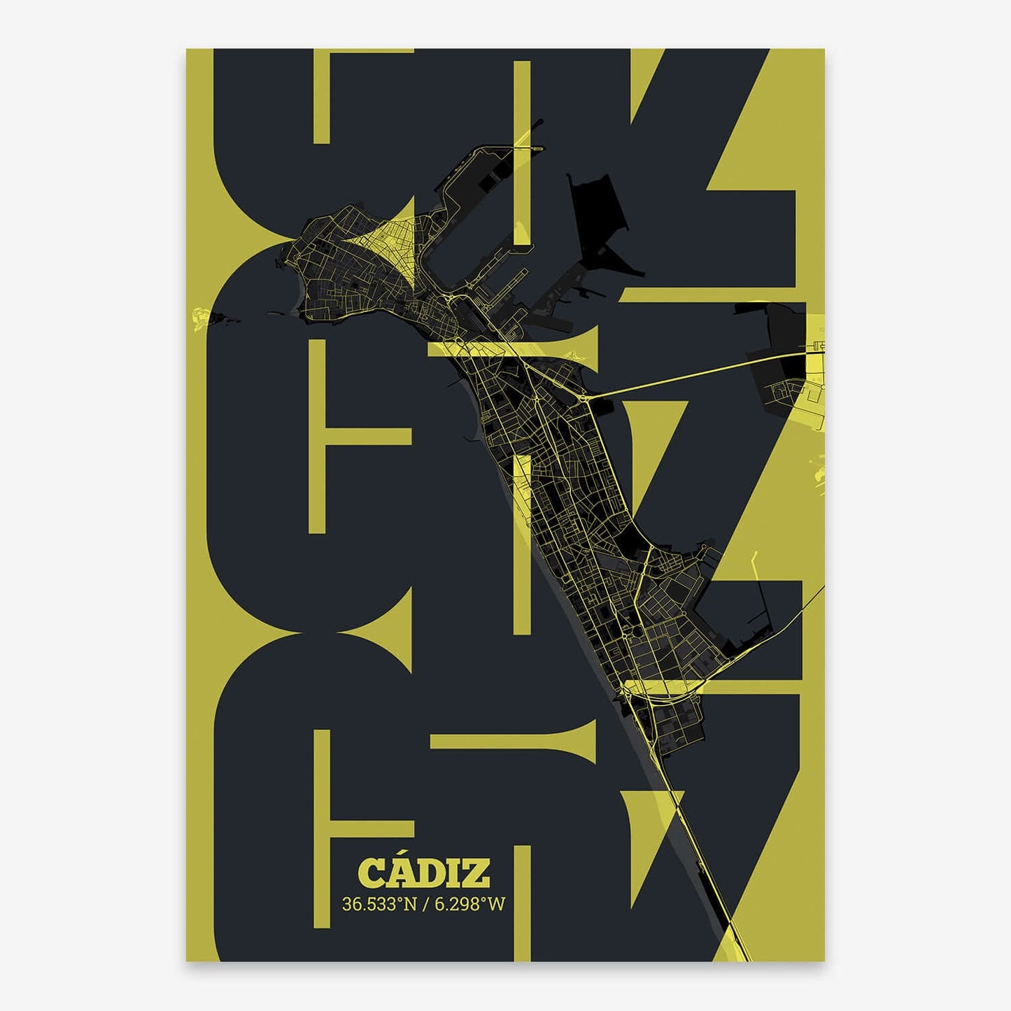 The map of Cadiz composed with letters from its name or IATA code printed on black and yellow