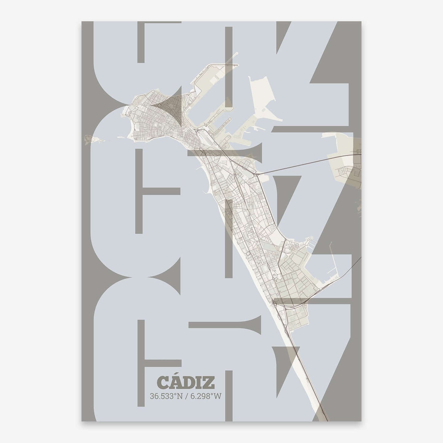 The map of Cadiz composed with letters from its name or IATA code printed on light brown and an off-white background