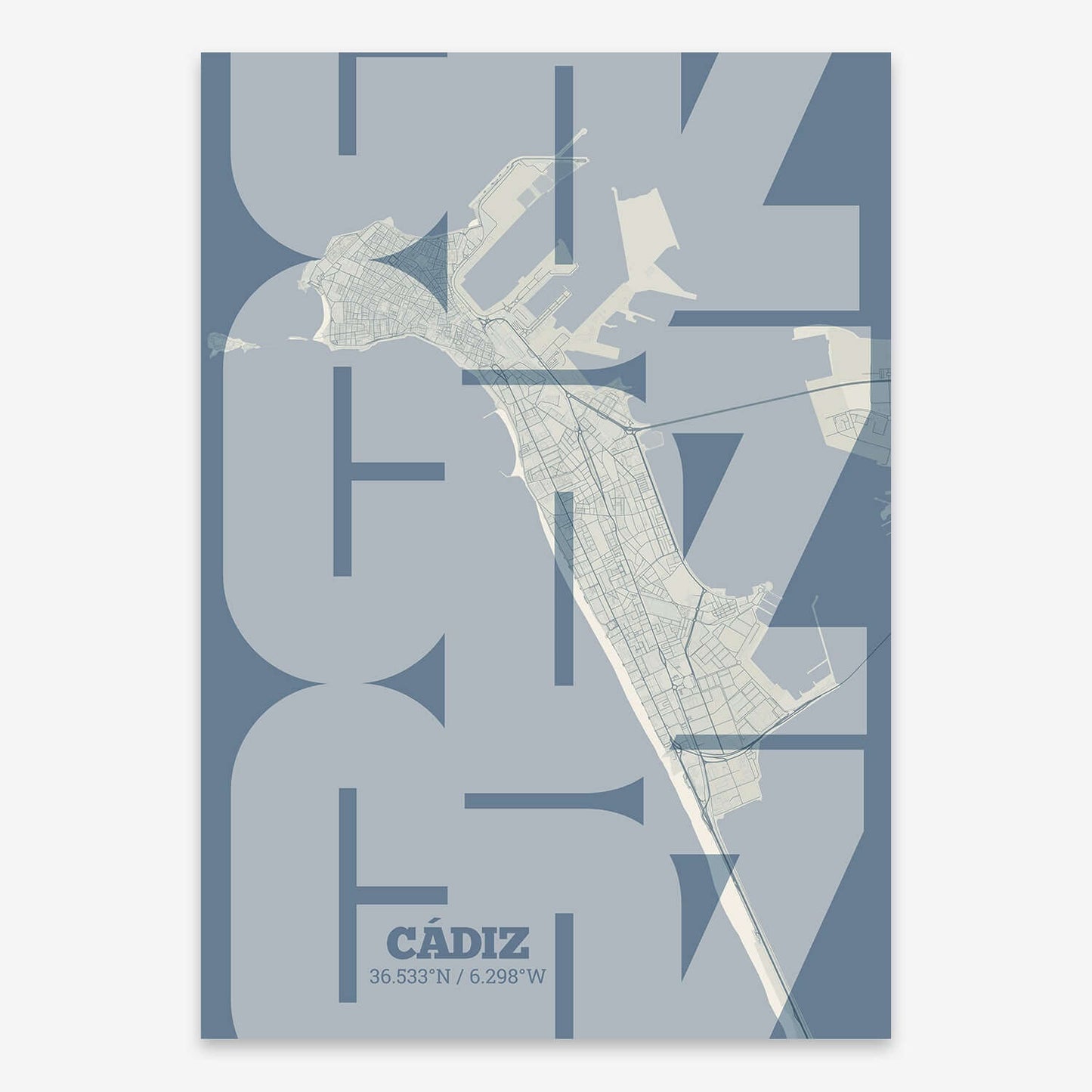 The map of Cadiz composed with letters from its name or IATA code printed on bluish gray and an off-white background