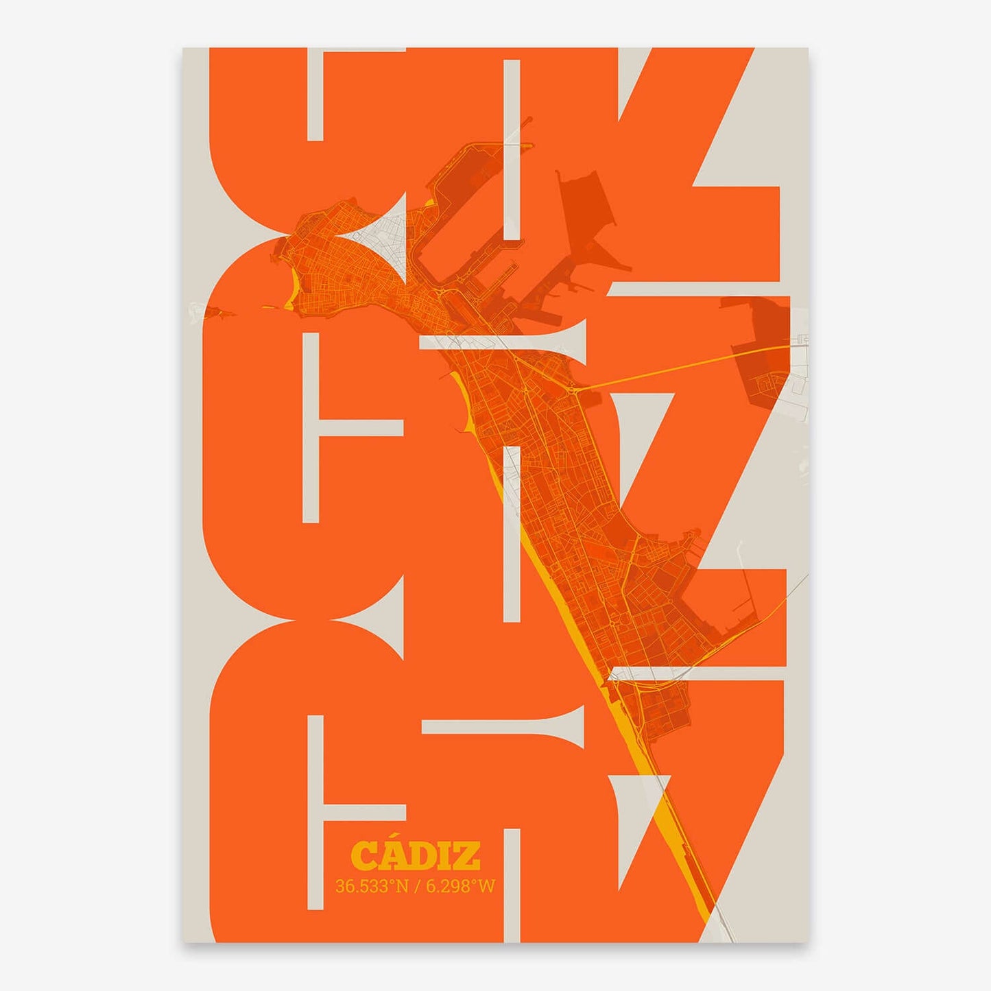 The map of Cadiz composed with letters from its name or IATA code printed on orange and an off-white background