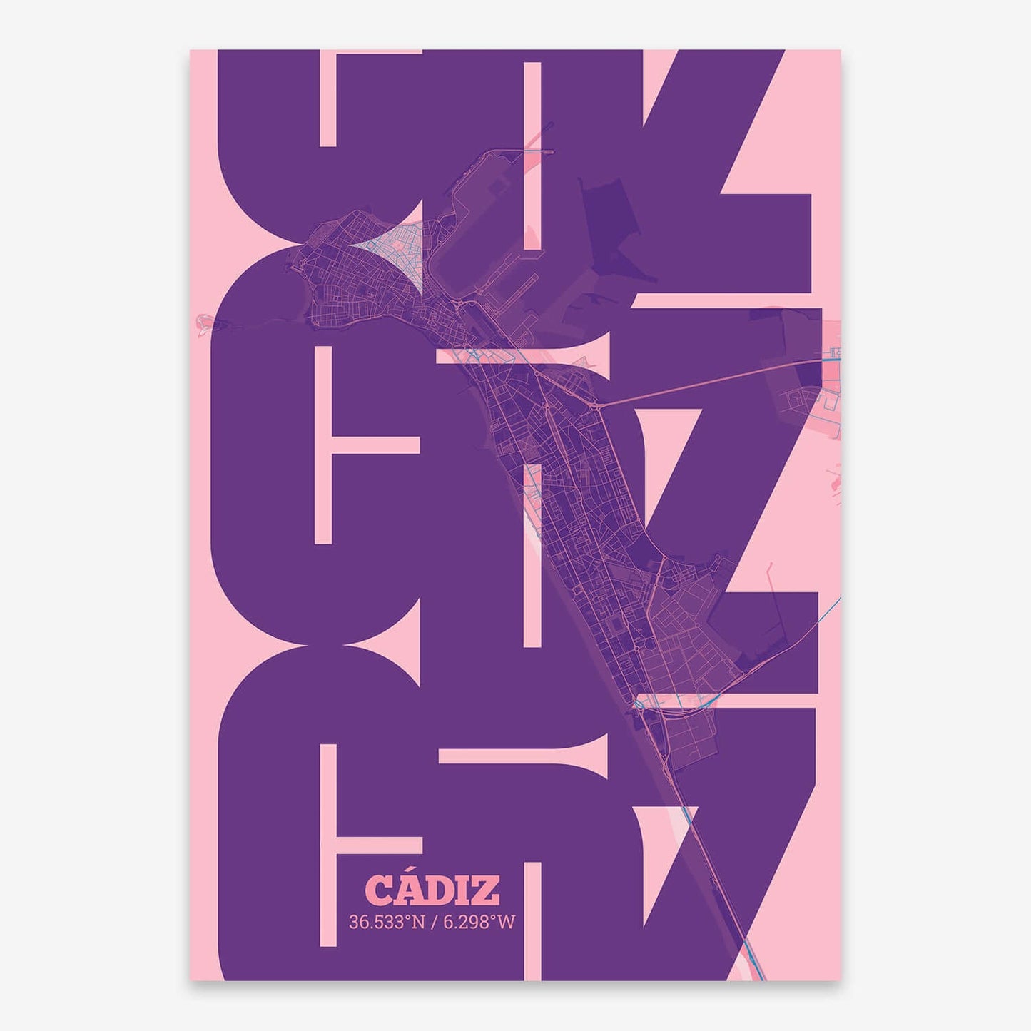 The map of Cadiz composed with letters from its name or IATA code printed on violet y pink background