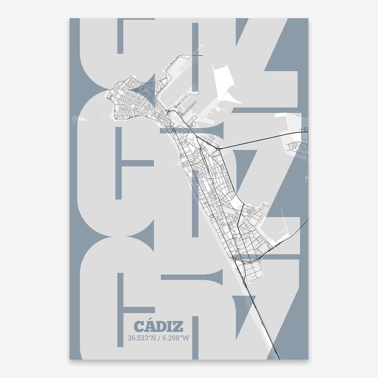 The map of Cadiz composed with letters from its name or IATA code printed on black and white