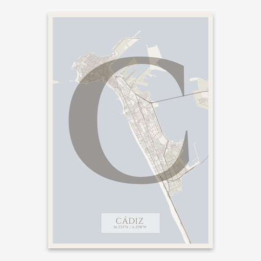 The map of Cadiz composed with letters in serif font printed on light brown and an off-white background