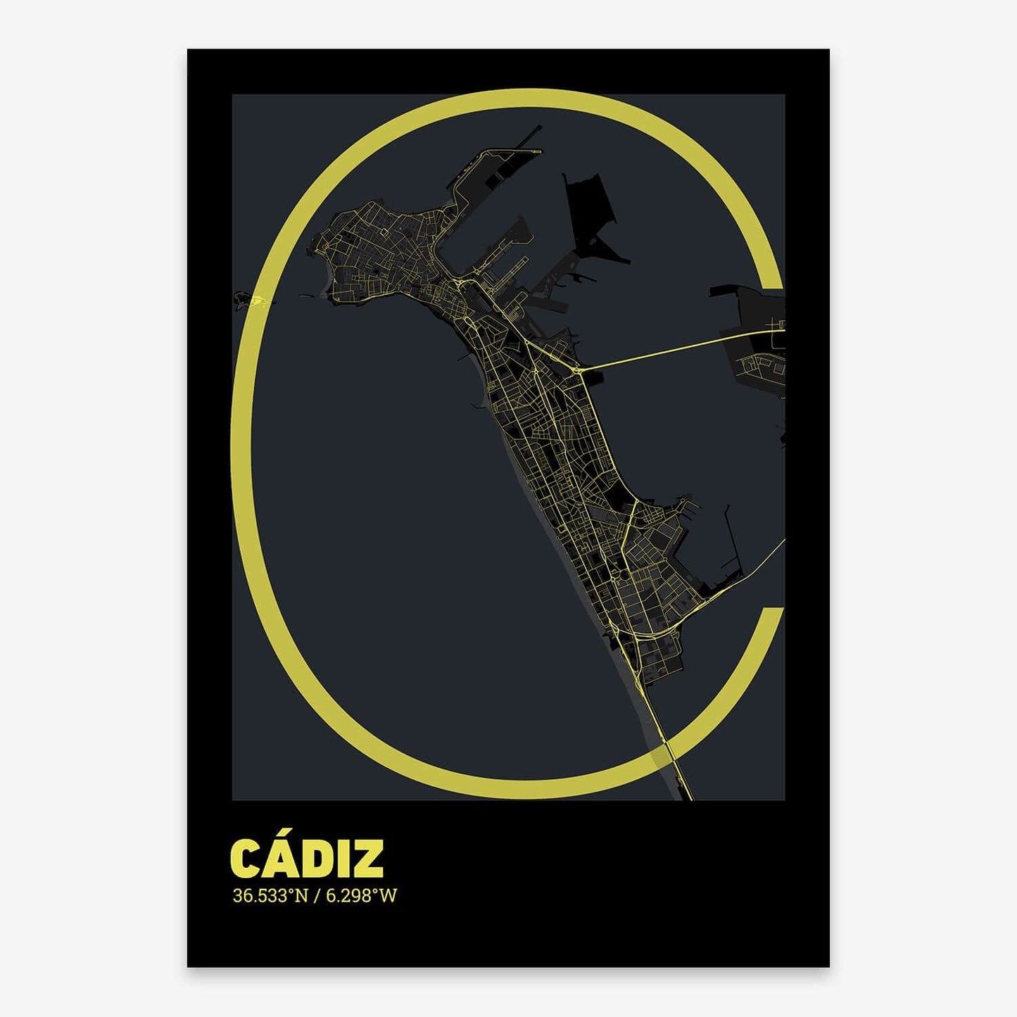 The map of Cadiz composed with letters in extra light font printed on black and yellow