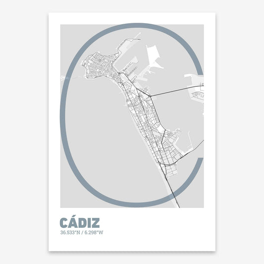 The map of Cadiz composed with letters in extra light font printed on black and white