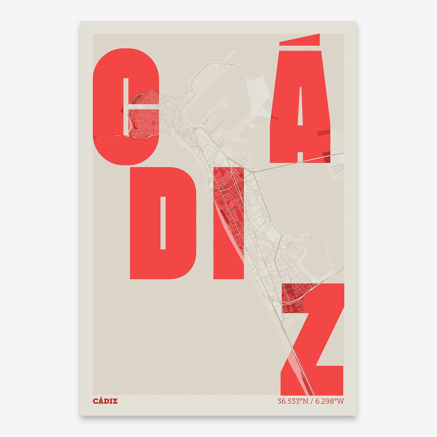 The map of Cadiz with letters of its name placed randomly, designed in red and an off-white background