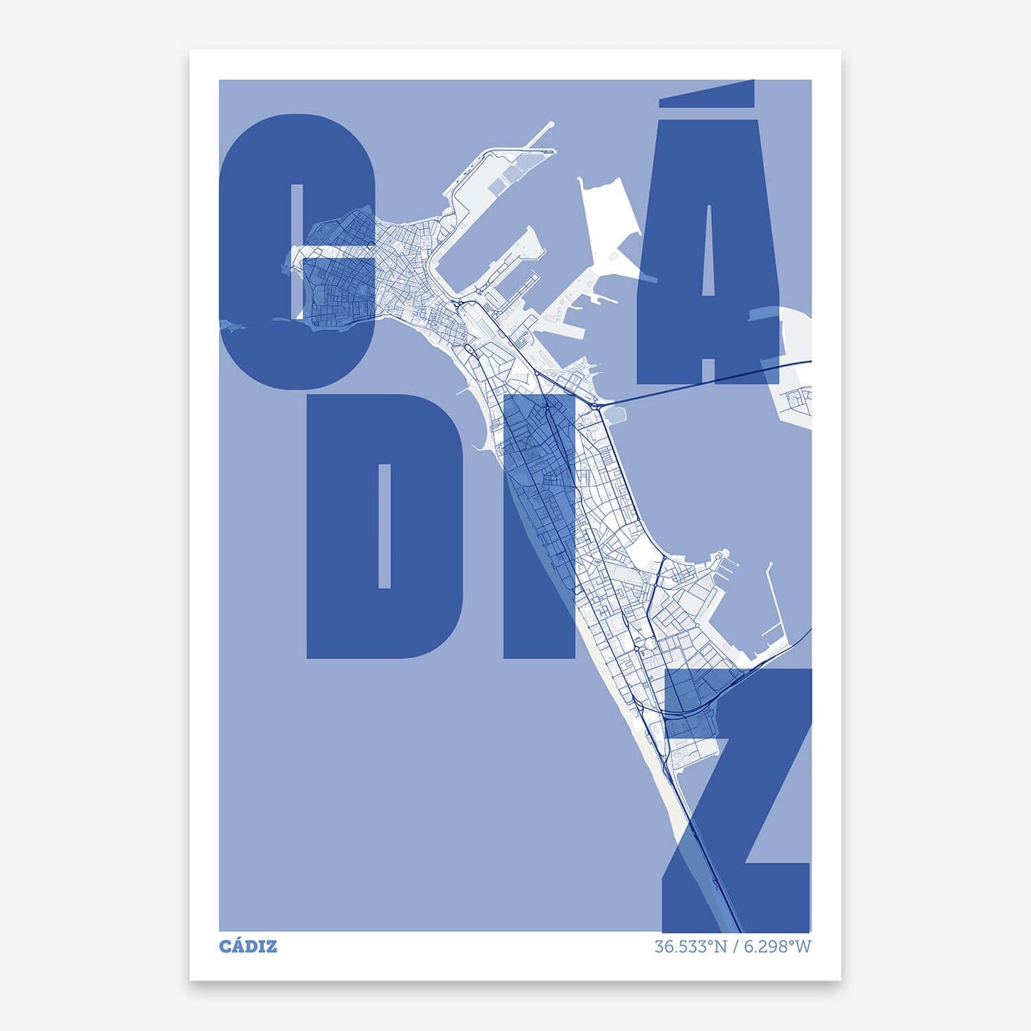 The map of Cadiz with letters of its name placed randomly, designed in navy blue and white