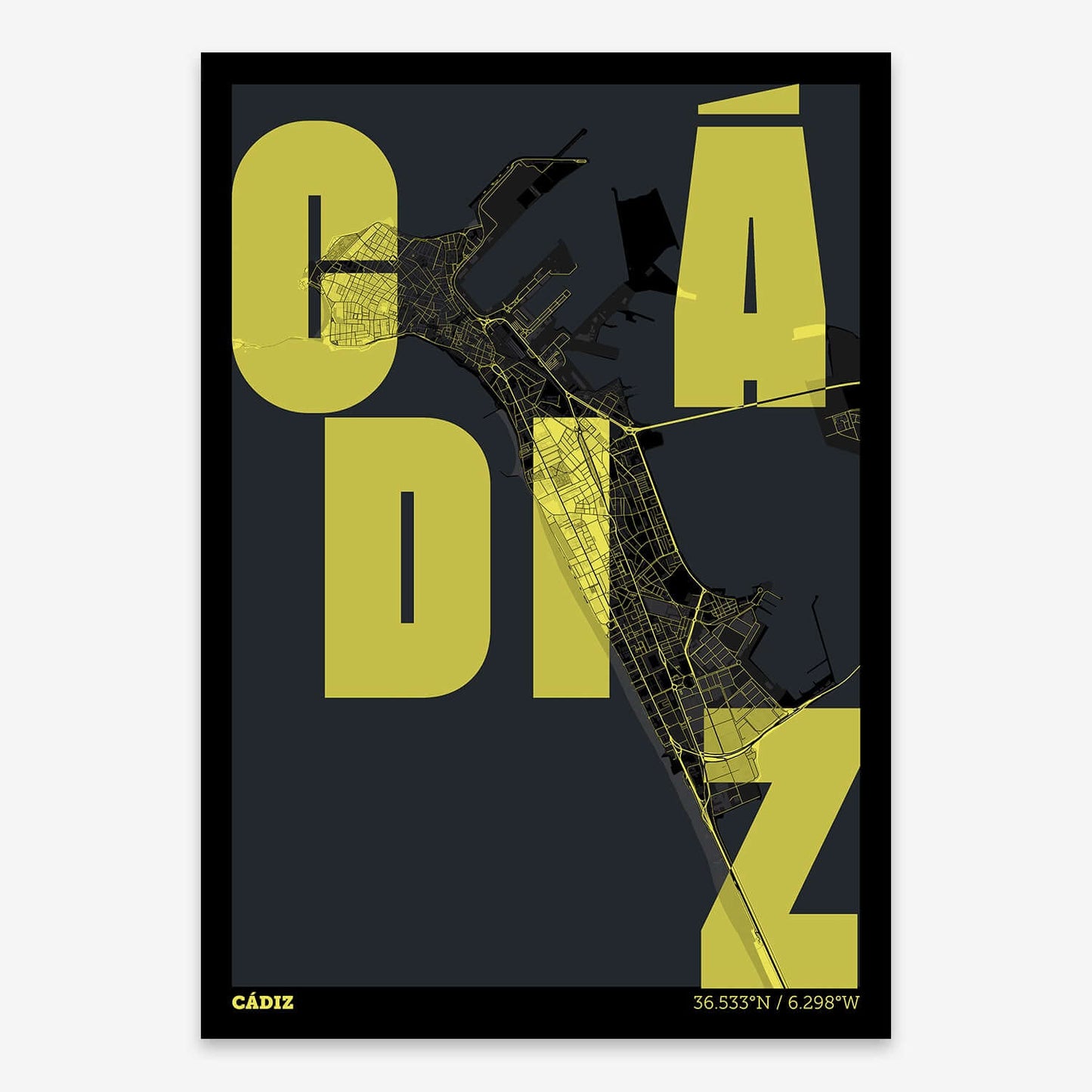 The map of Cadiz with letters of its name placed randomly, designed in black and yellow