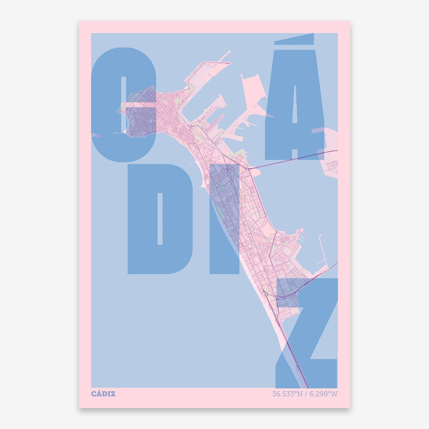 The map of Cadiz with letters of its name placed randomly, designed in pink and light blue