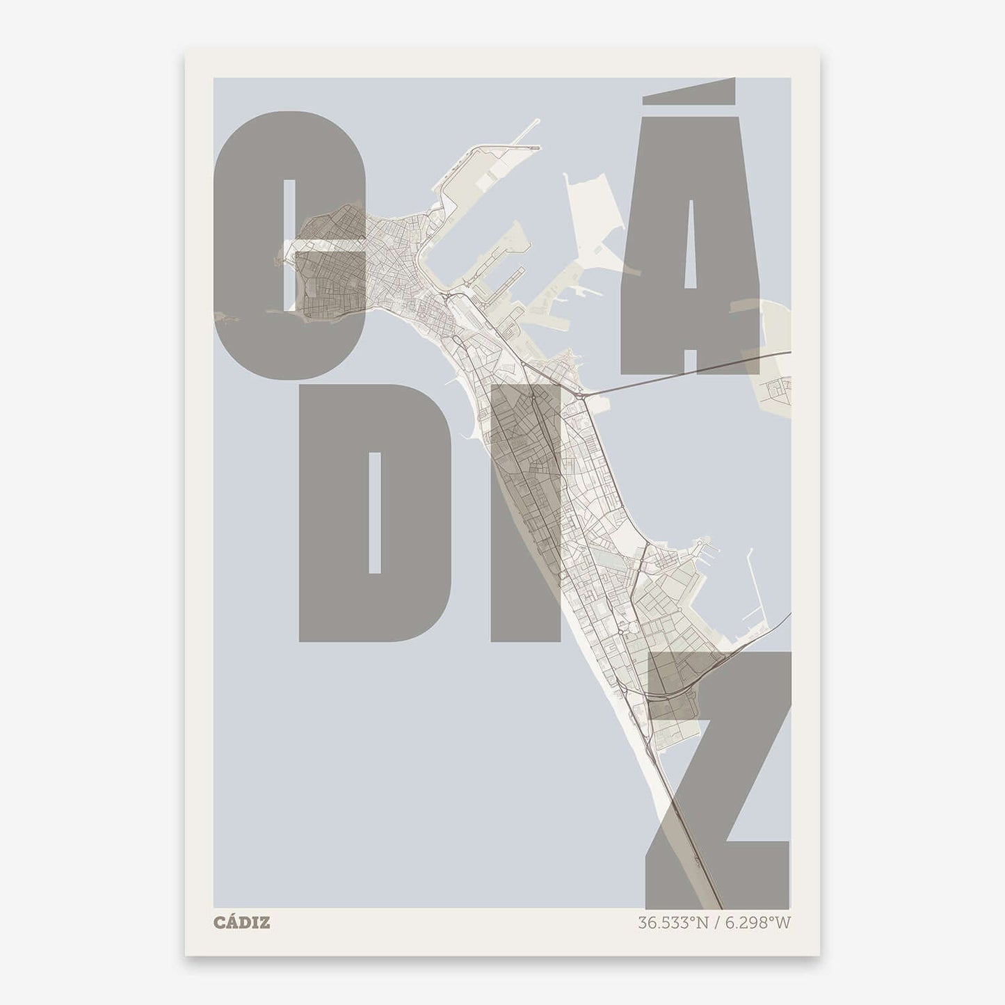 The map of Cadiz with letters of its name placed randomly, designed in light brown and an off-white background