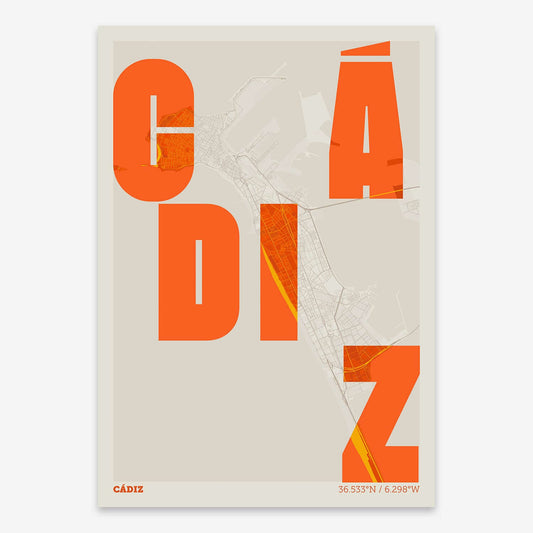 The map of Cadiz with letters of its name placed randomly, designed in orange and an off-white background