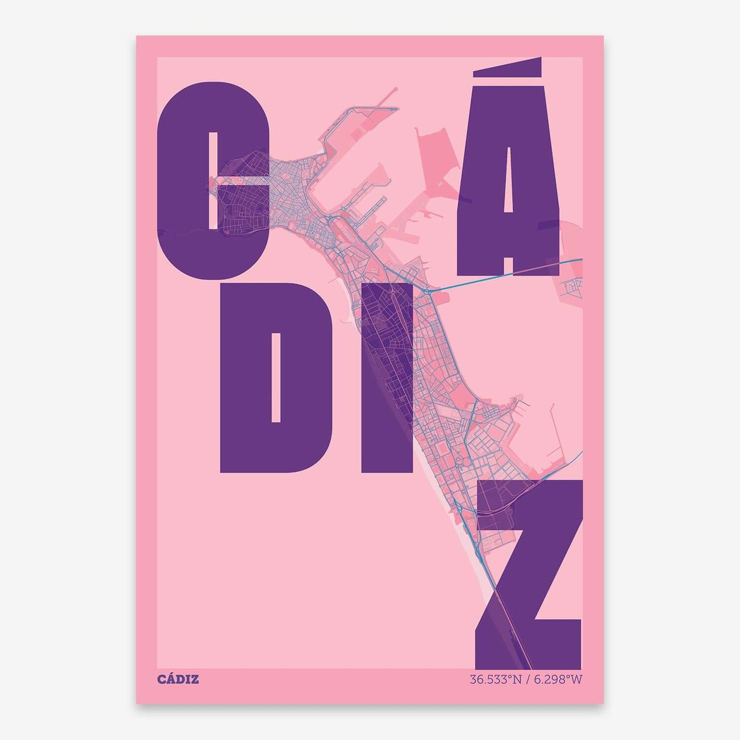 The map of Cadiz with letters of its name placed randomly, designed in violet y pink background