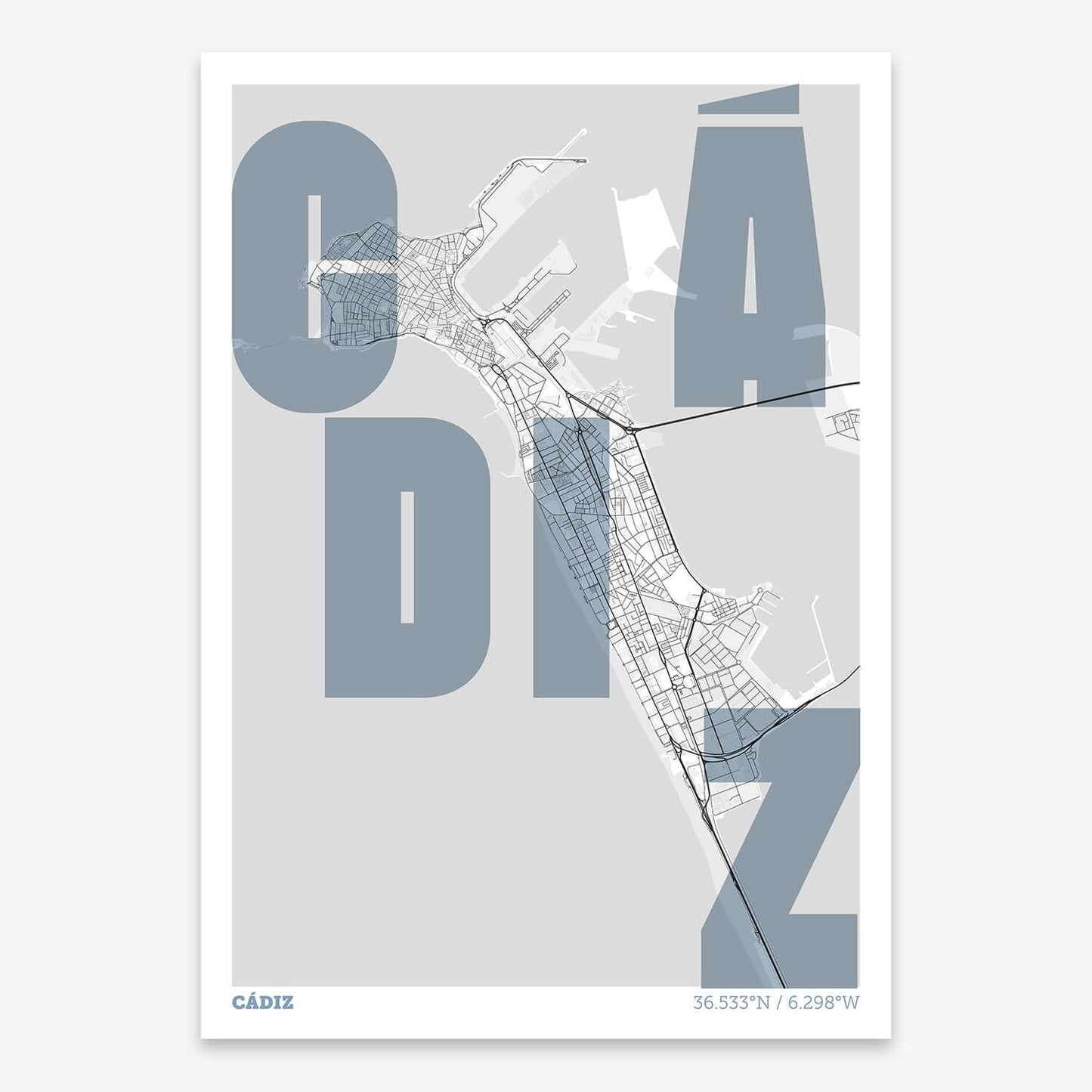 The map of Cadiz with letters of its name placed randomly, designed in black and white