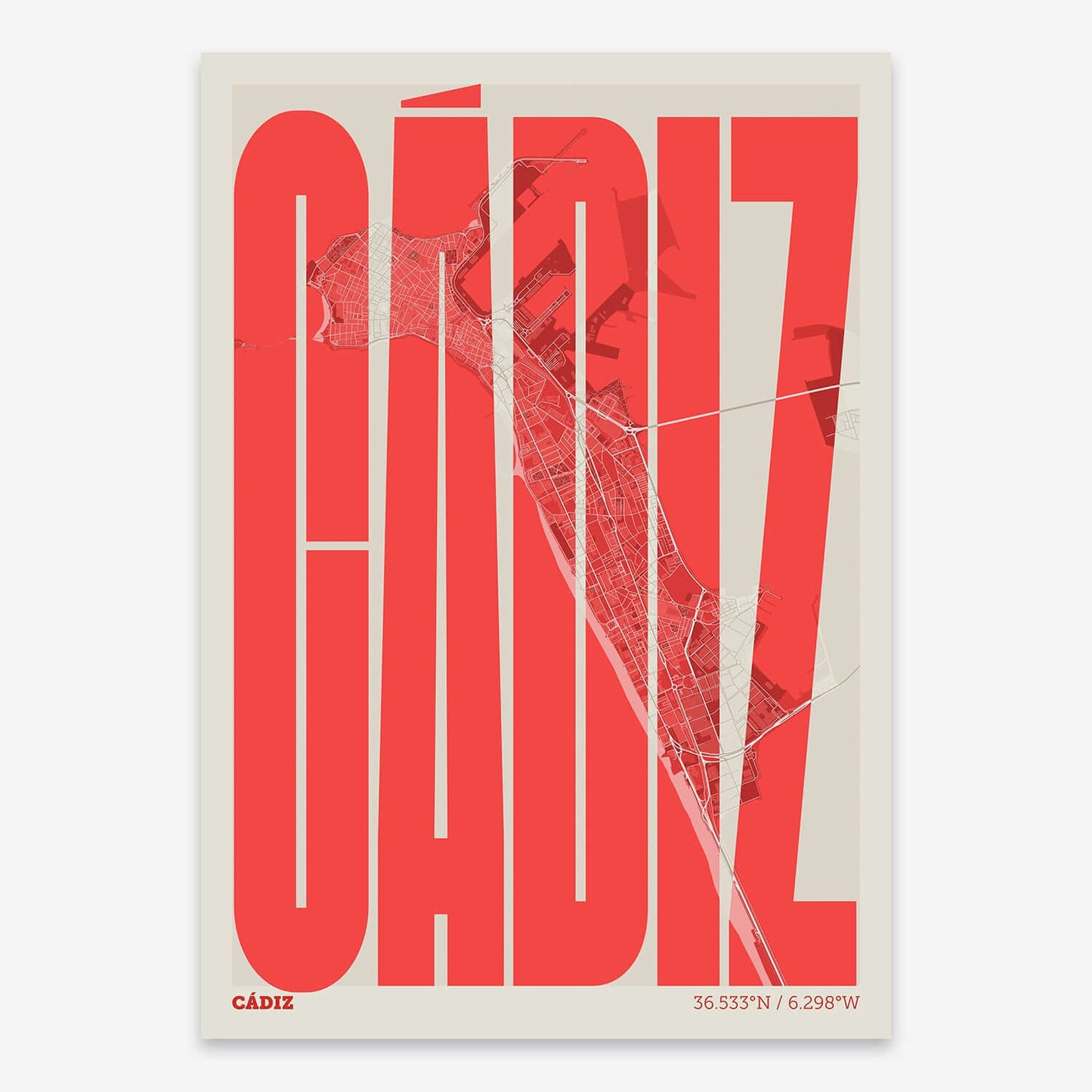 The map of Cadiz and letters of its name in a giclée print designed in red and an off-white background
