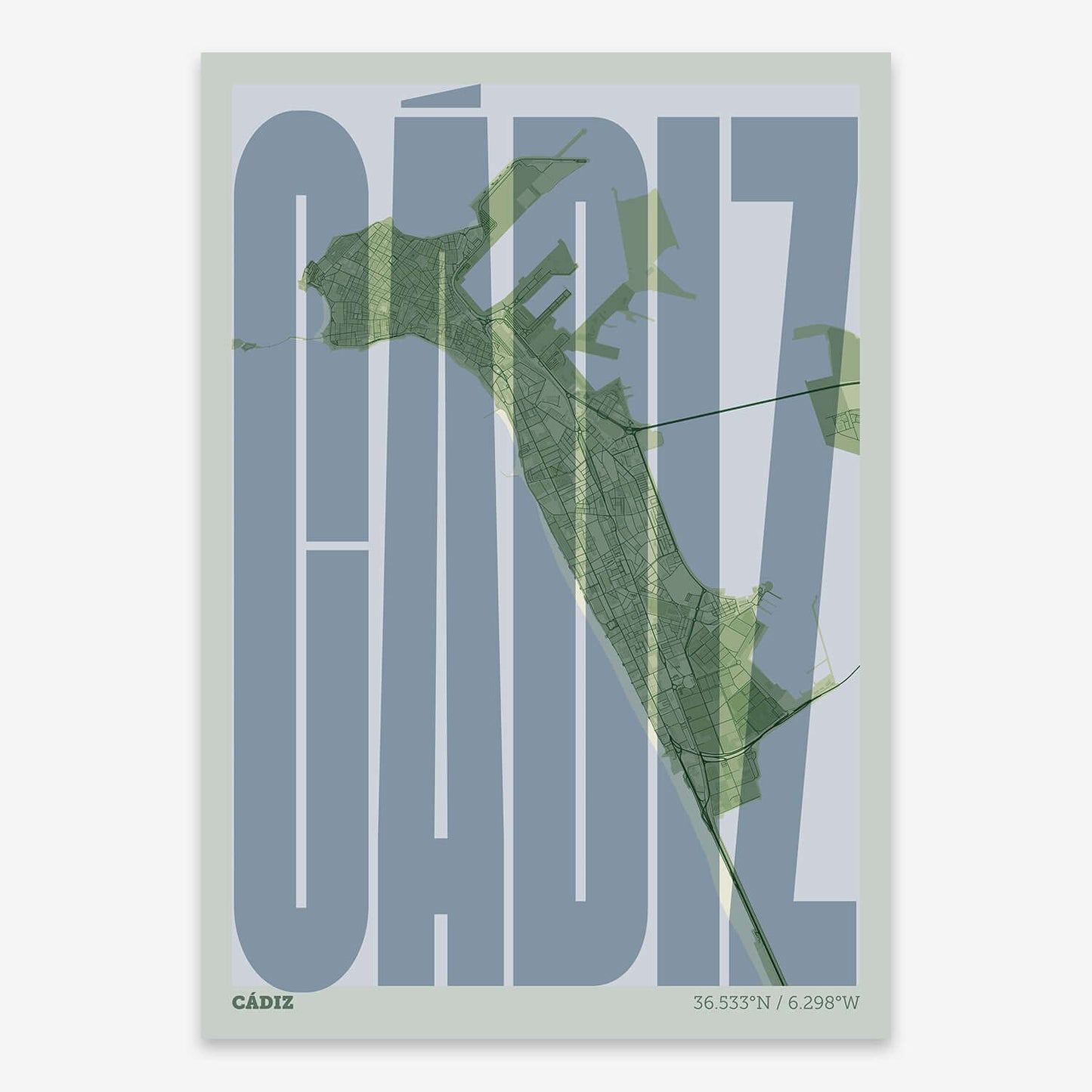 The map of Cadiz and letters of its name in a giclée print designed in two green tones