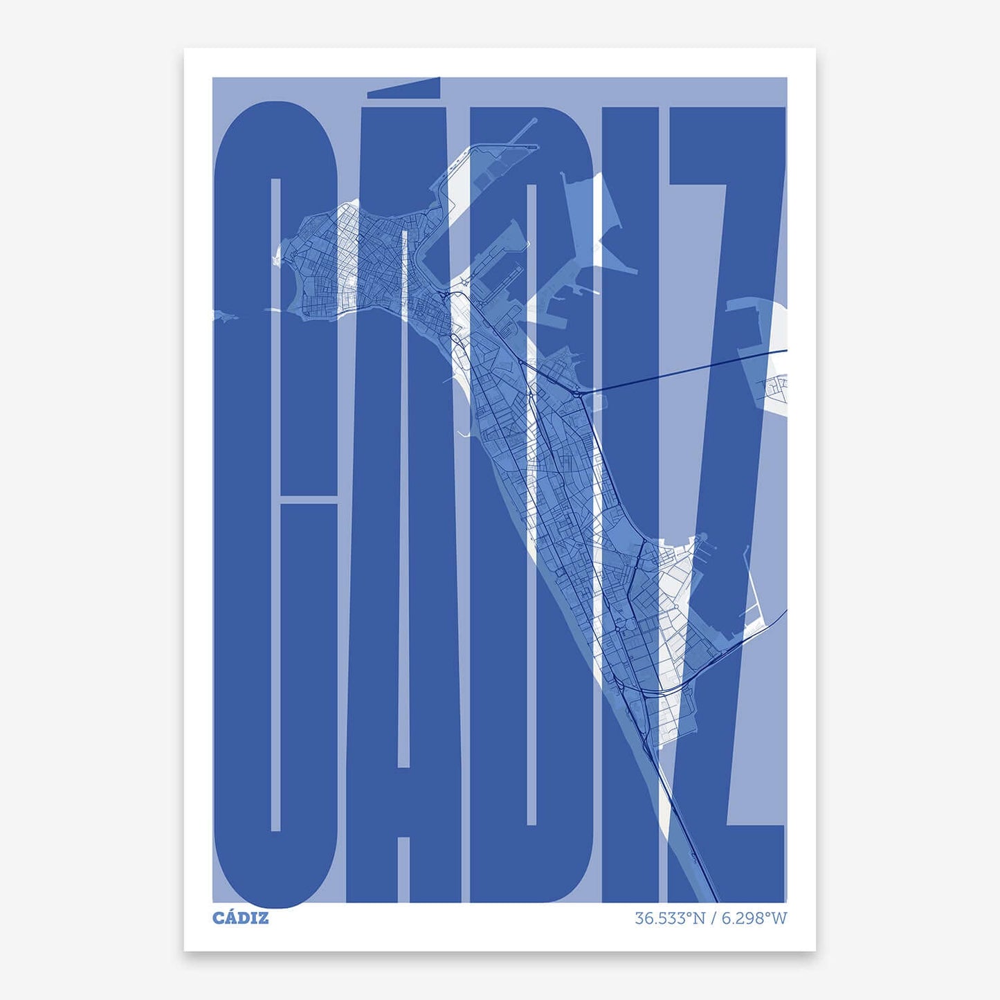 The map of Cadiz and letters of its name in a giclée print designed in navy blue and white