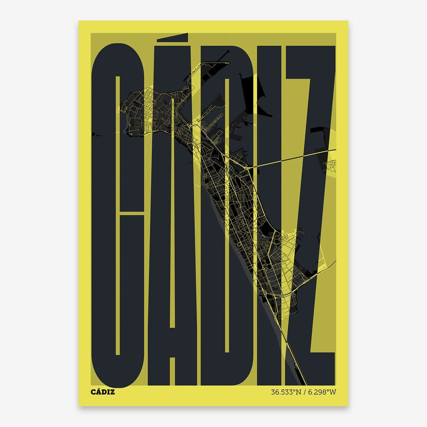 The map of Cadiz and letters of its name in a giclée print designed in black and yellow