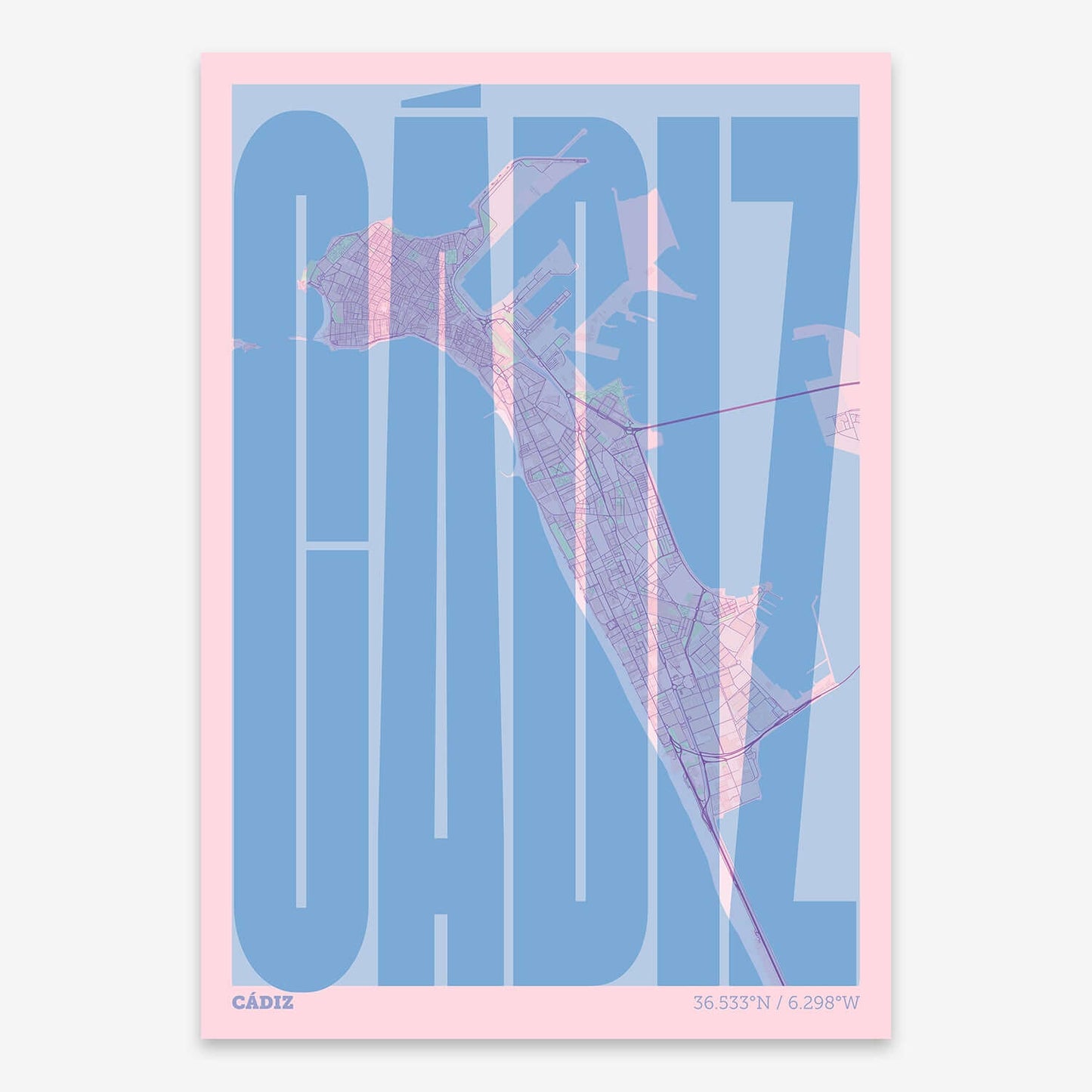 The map of Cadiz and letters of its name in a giclée print designed in pink and light blue