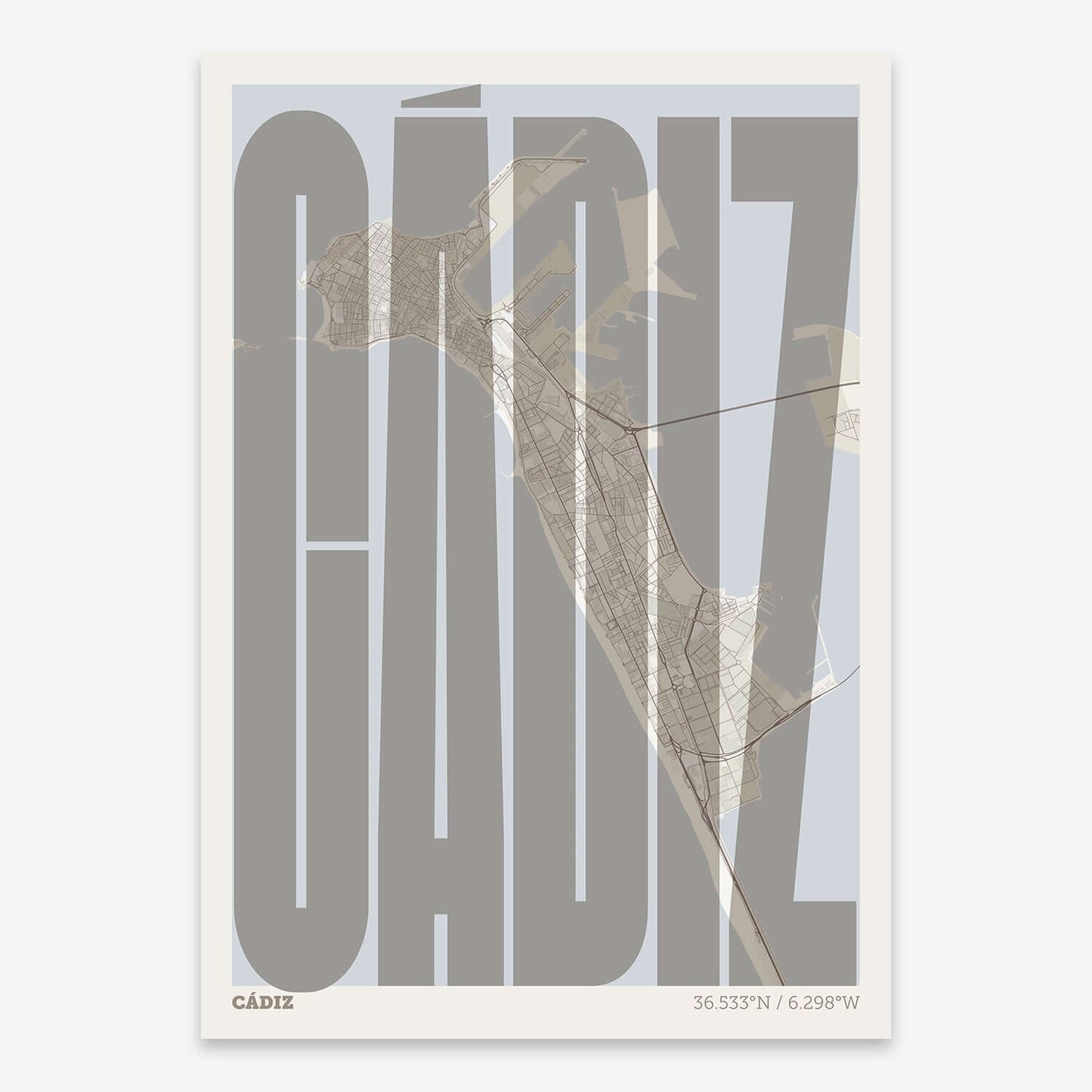 The map of Cadiz and letters of its name in a giclée print designed in light brown and an off-white background