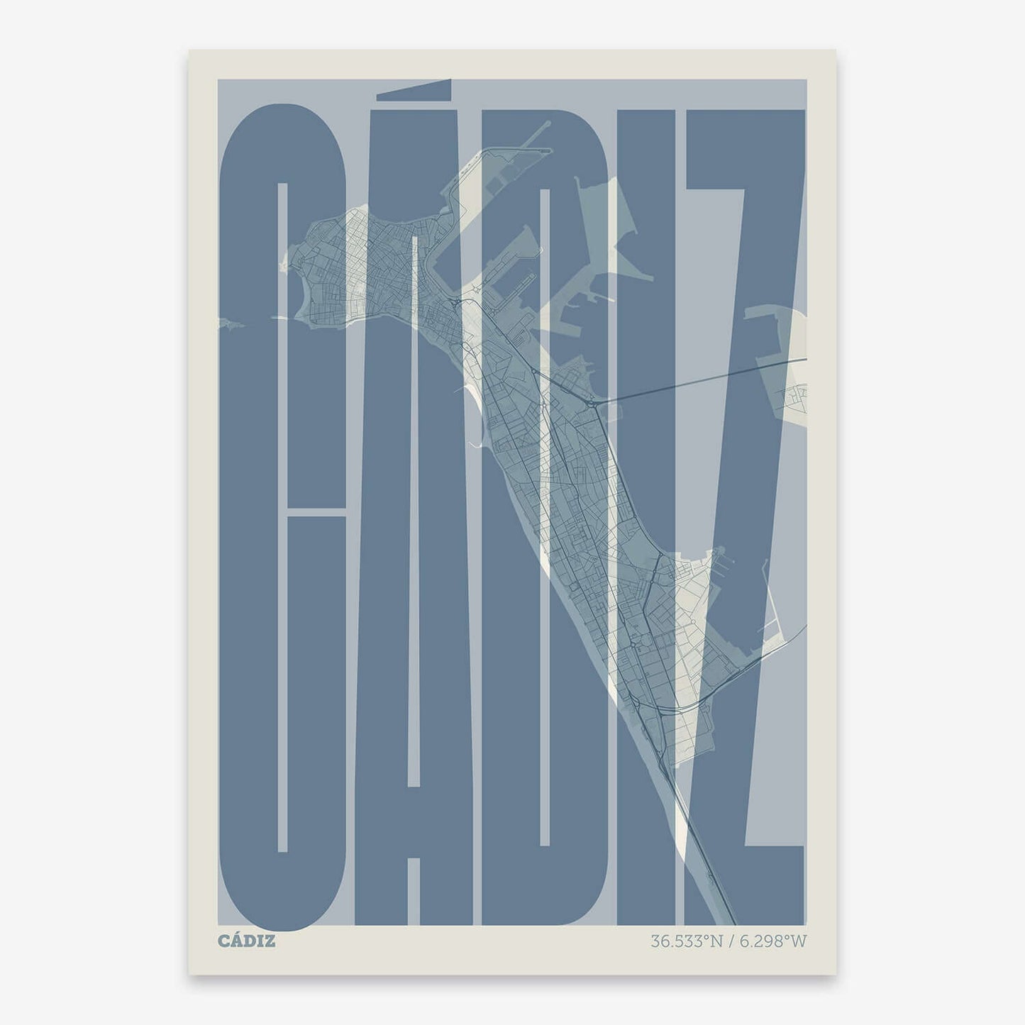 The map of Cadiz and letters of its name in a giclée print designed in bluish gray and an off-white background