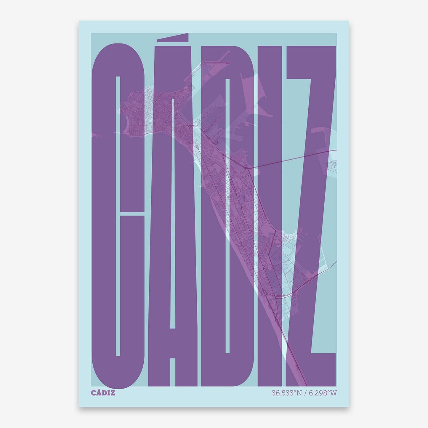 The map of Cadiz and letters of its name in a giclée print designed in purple and light blue
