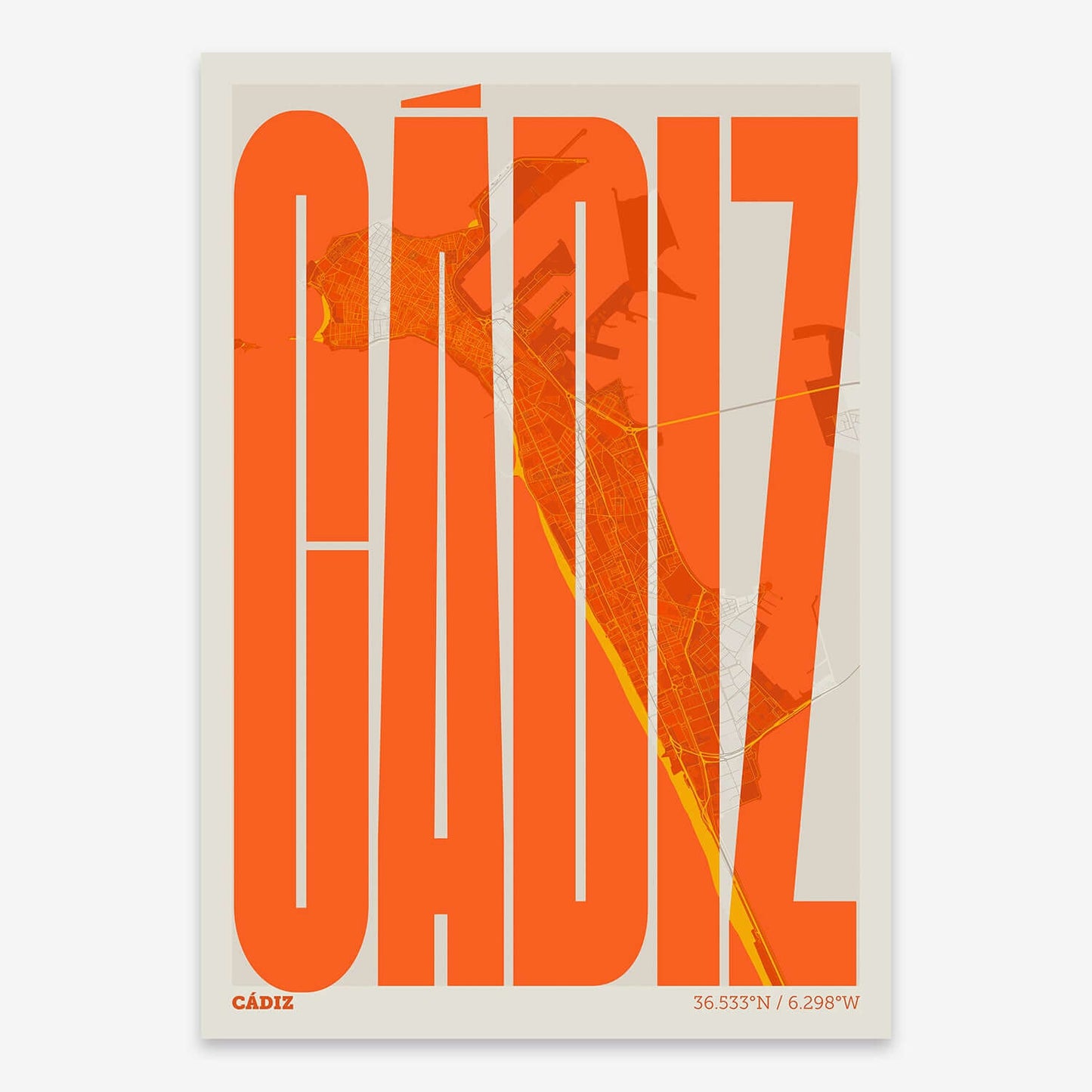 The map of Cadiz and letters of its name in a giclée print designed in orange and an off-white background