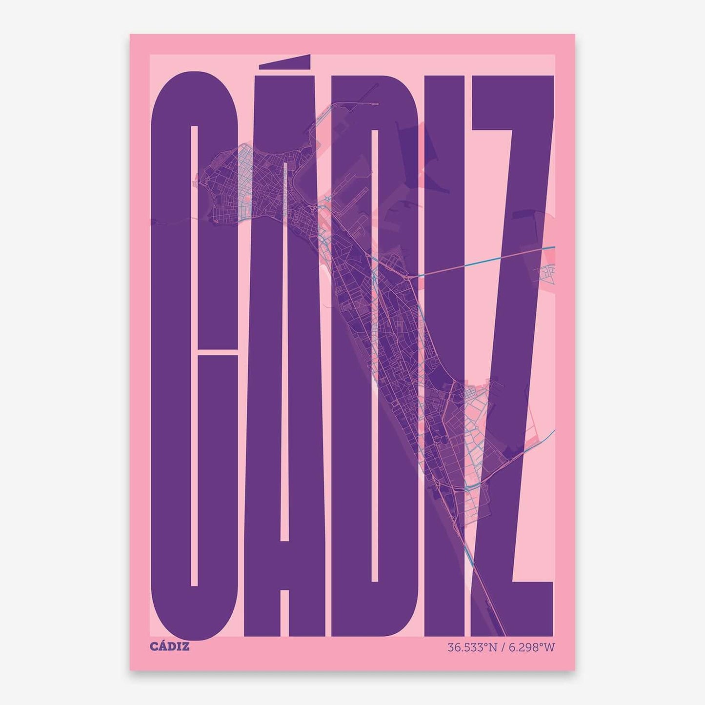 The map of Cadiz and letters of its name in a giclée print designed in violet y pink background
