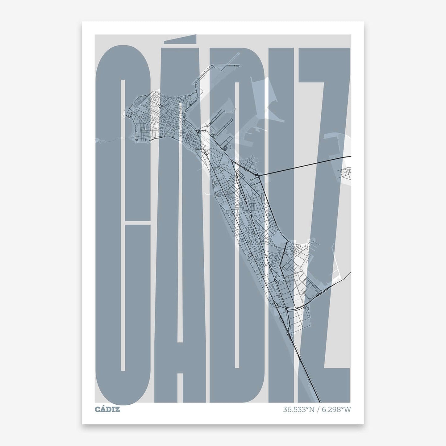 The map of Cadiz and letters of its name in a giclée print designed in black and white