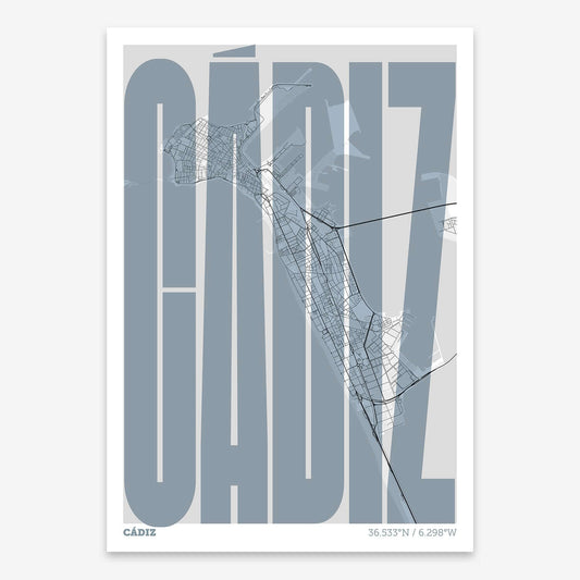 The map of Cadiz and letters of its name in a giclée print designed in black and white