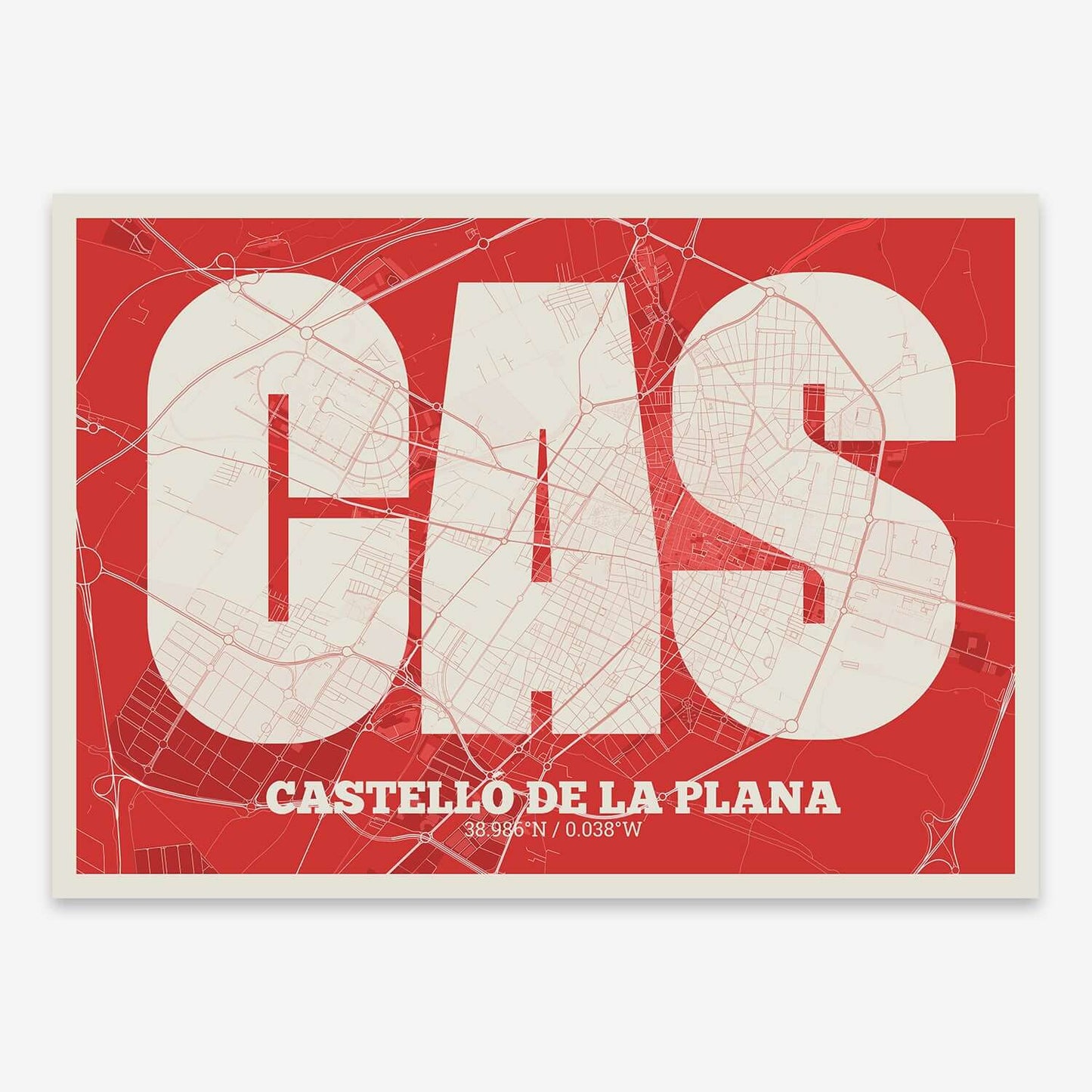 The map of Castellon composed with letters in a heavy geometric font printed on red and an off-white background