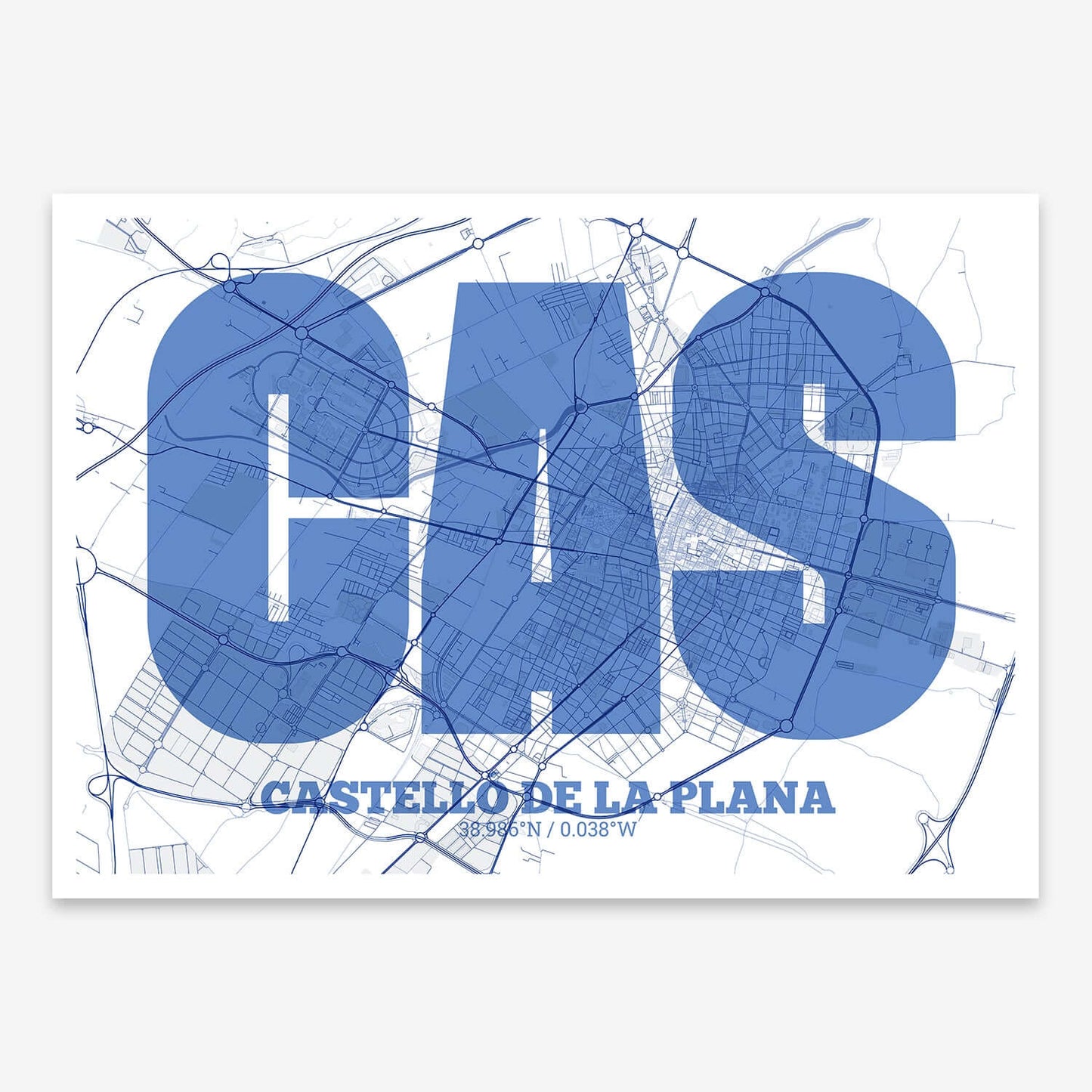 The map of Castellon composed with letters in a heavy geometric font printed on navy blue and white