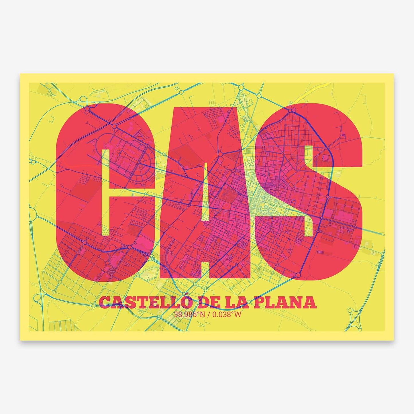 The map of Castellon composed with letters in a heavy geometric font printed on yellow and fuchsia