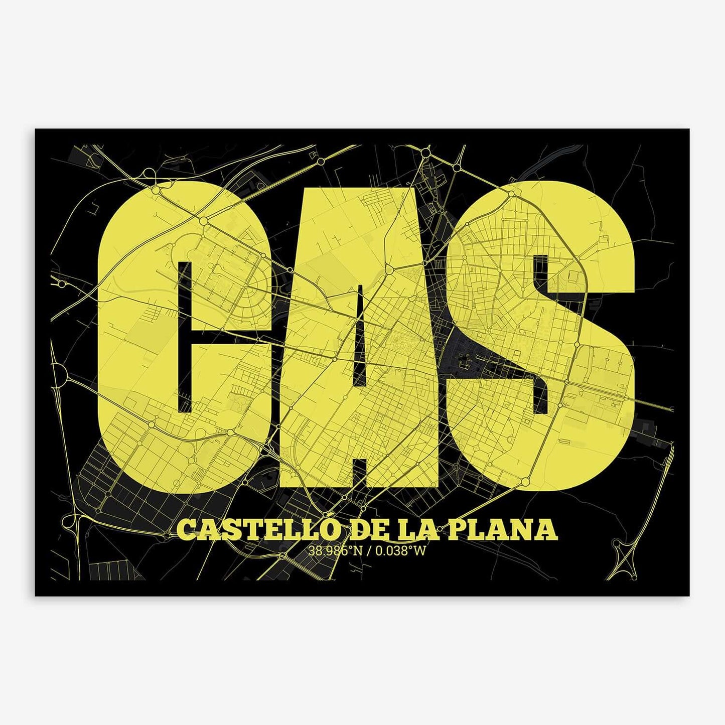 The map of Castellon composed with letters in a heavy geometric font printed on black and yellow