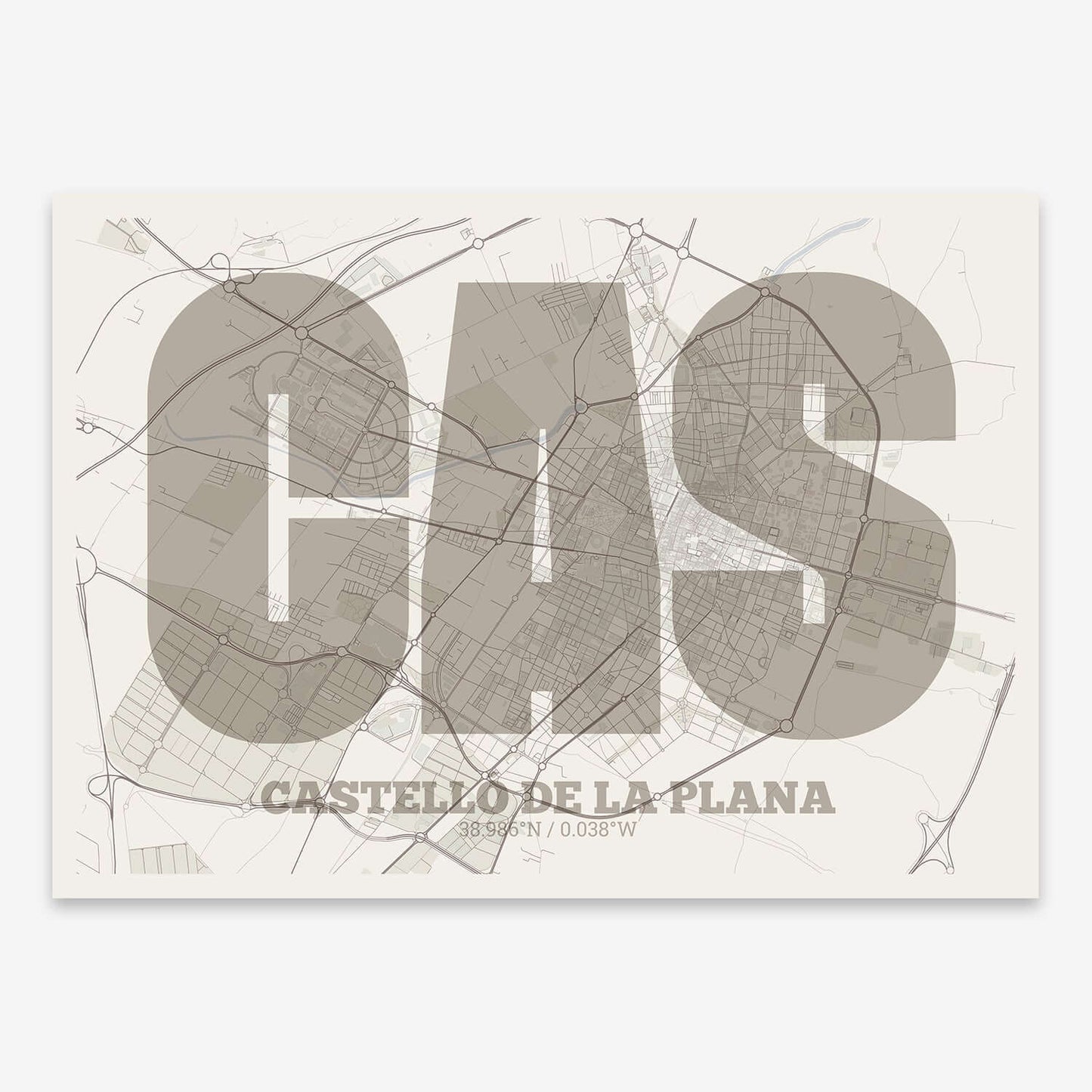 The map of Castellon composed with letters in a heavy geometric font printed on light brown and an off-white background