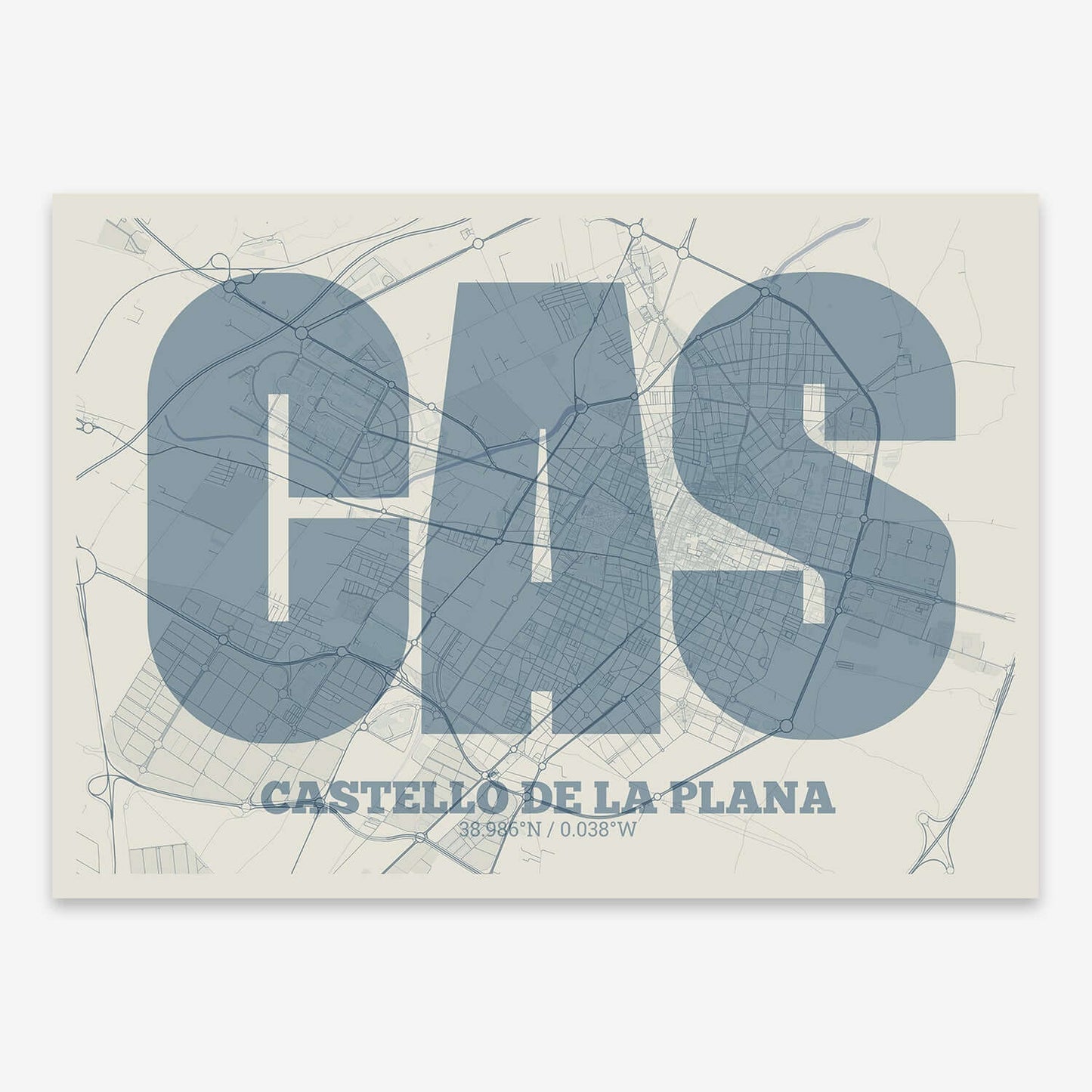 The map of Castellon composed with letters in a heavy geometric font printed on bluish gray and an off-white background