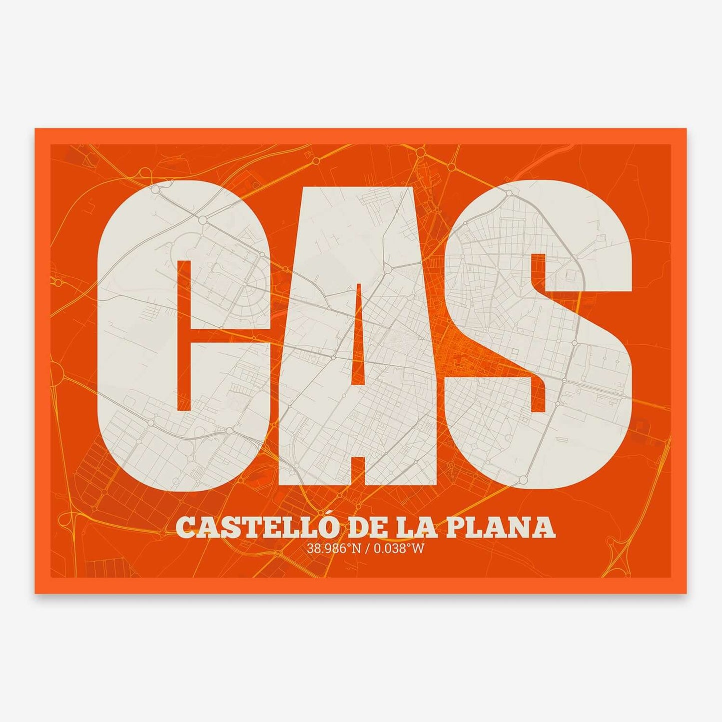 The map of Castellon composed with letters in a heavy geometric font printed on orange and an off-white background
