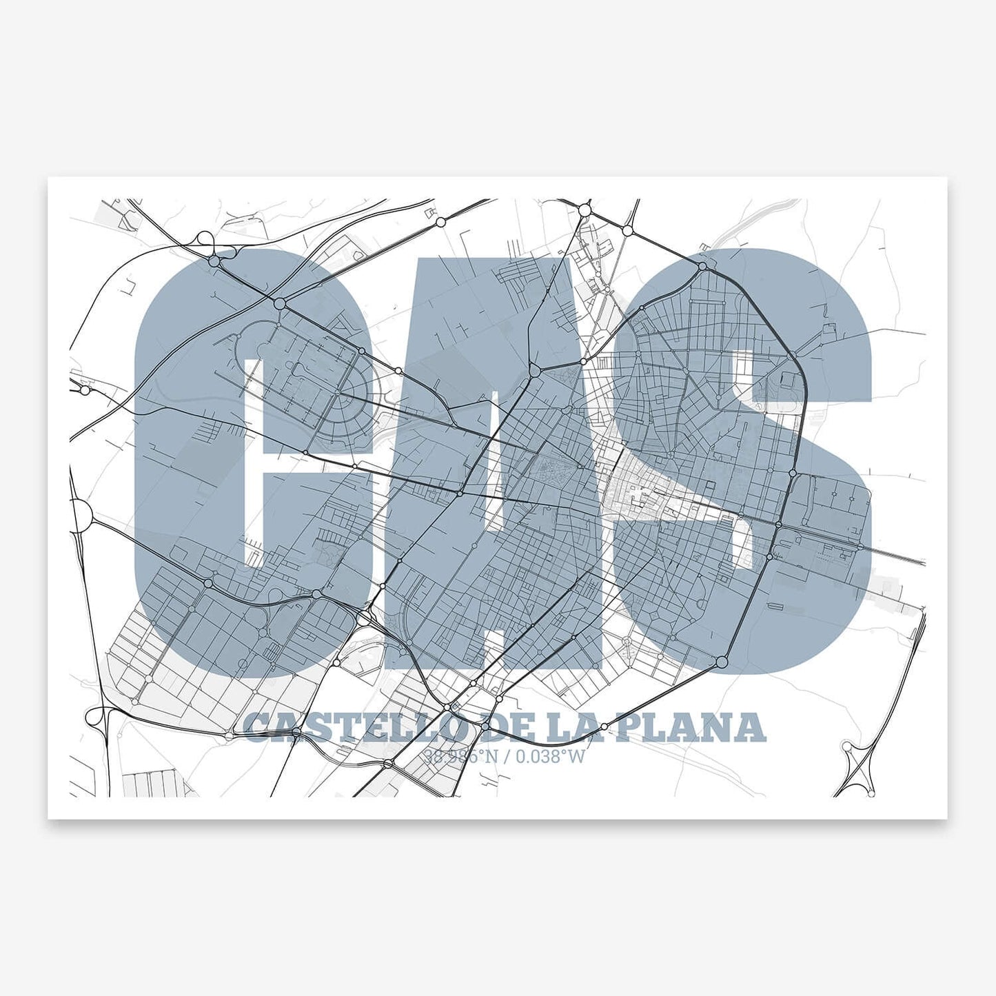 The map of Castellon composed with letters in a heavy geometric font printed on black and white