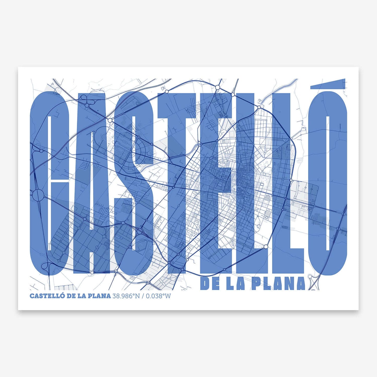 The map of Castellon and letters of its name in a giclée print designed in navy blue and white