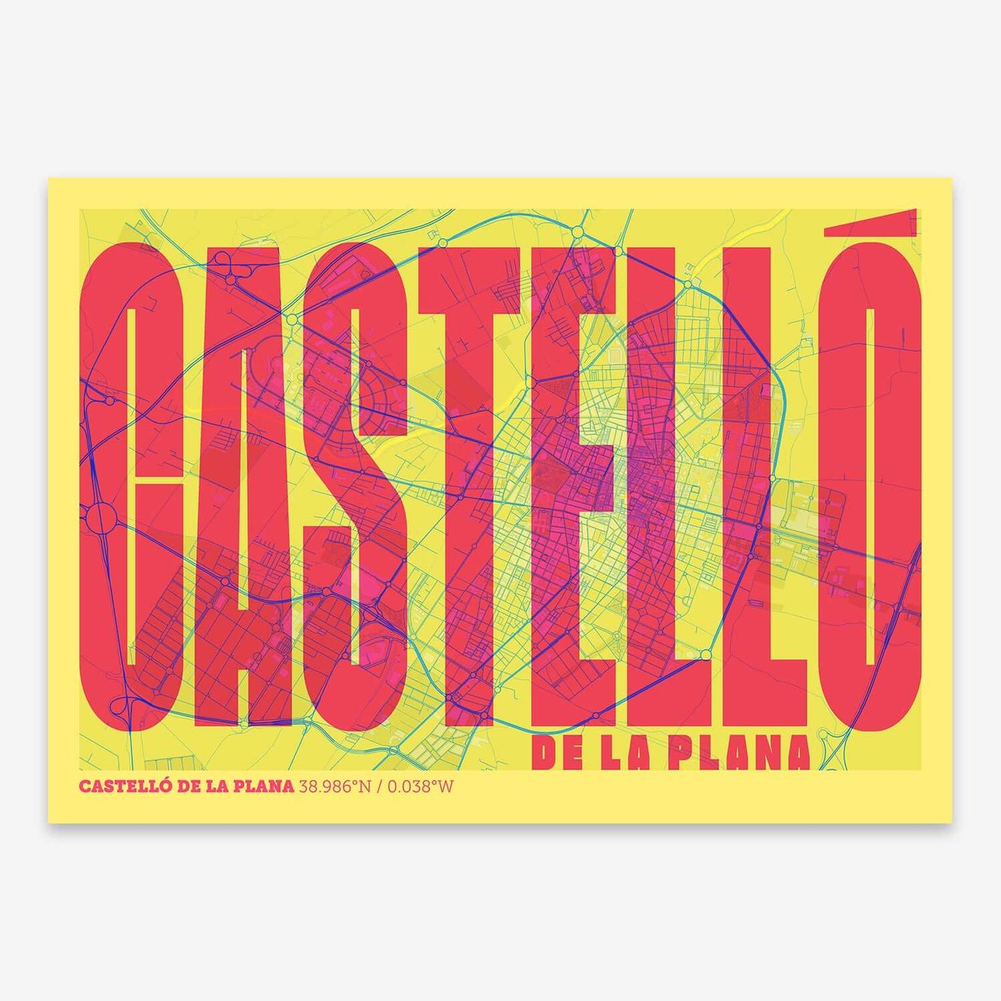 The map of Castellon and letters of its name in a giclée print designed in yellow and fuchsia