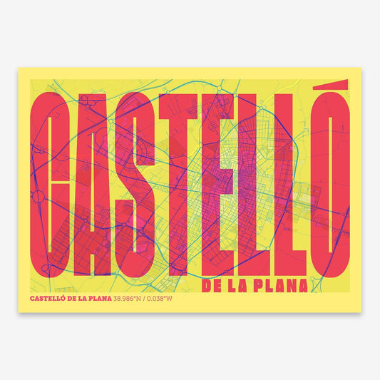 The map of Castellon and letters of its name in a giclée print designed in yellow and fuchsia