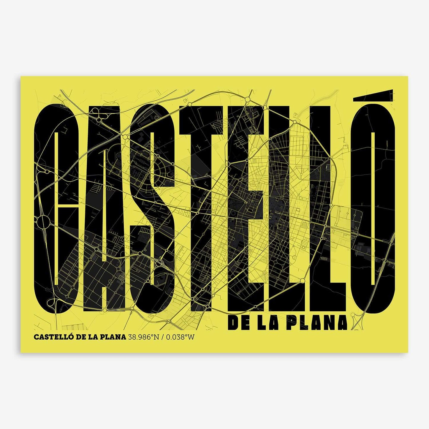 The map of Castellon and letters of its name in a giclée print designed in black and yellow