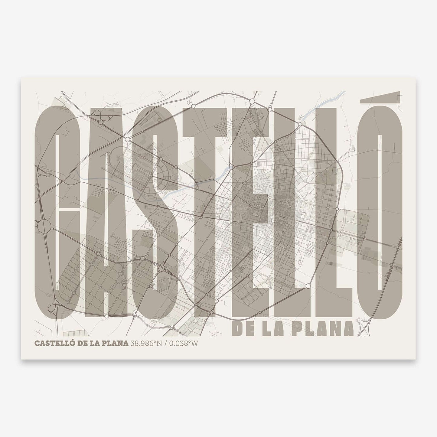The map of Castellon and letters of its name in a giclée print designed in light brown and an off-white background