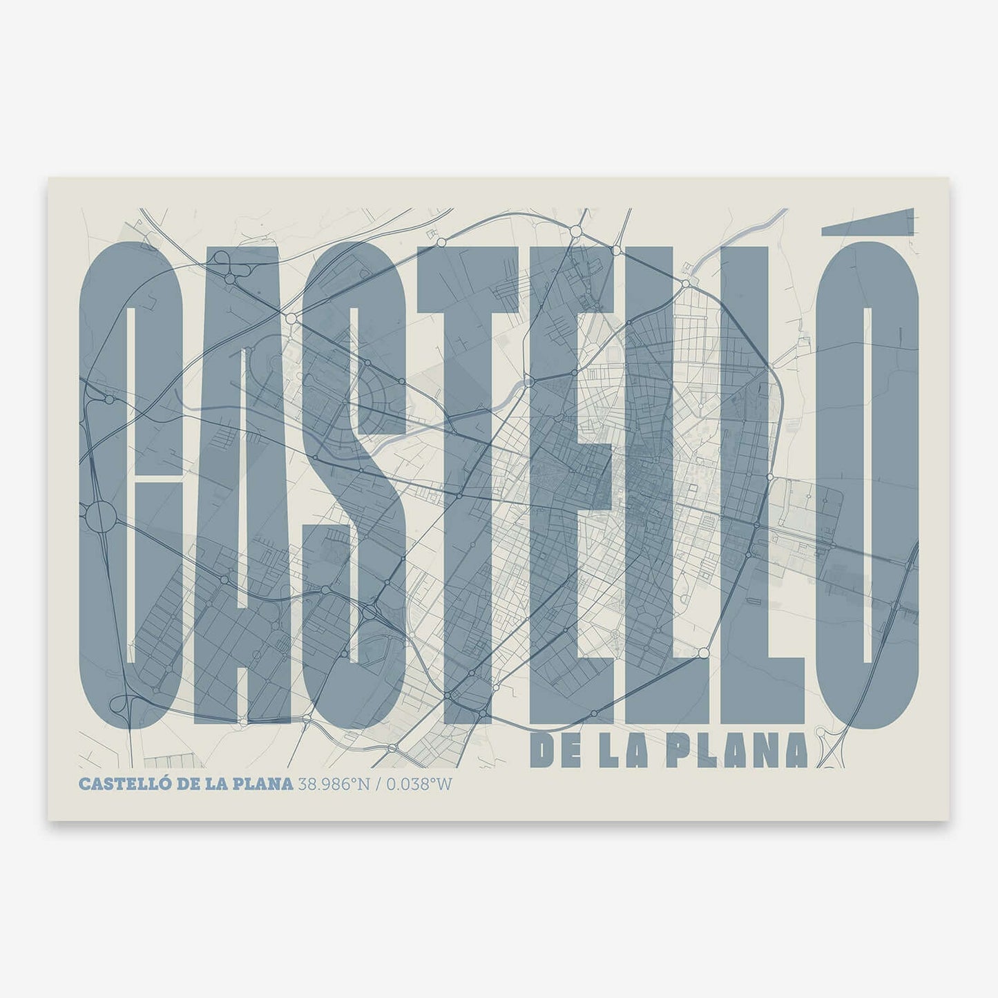The map of Castellon and letters of its name in a giclée print designed in bluish gray and an off-white background