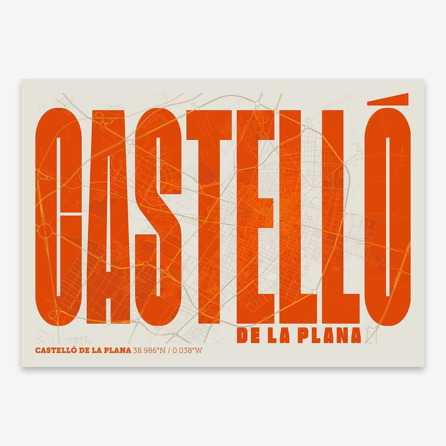The map of Castellon and letters of its name in a giclée print designed in orange and an off-white background