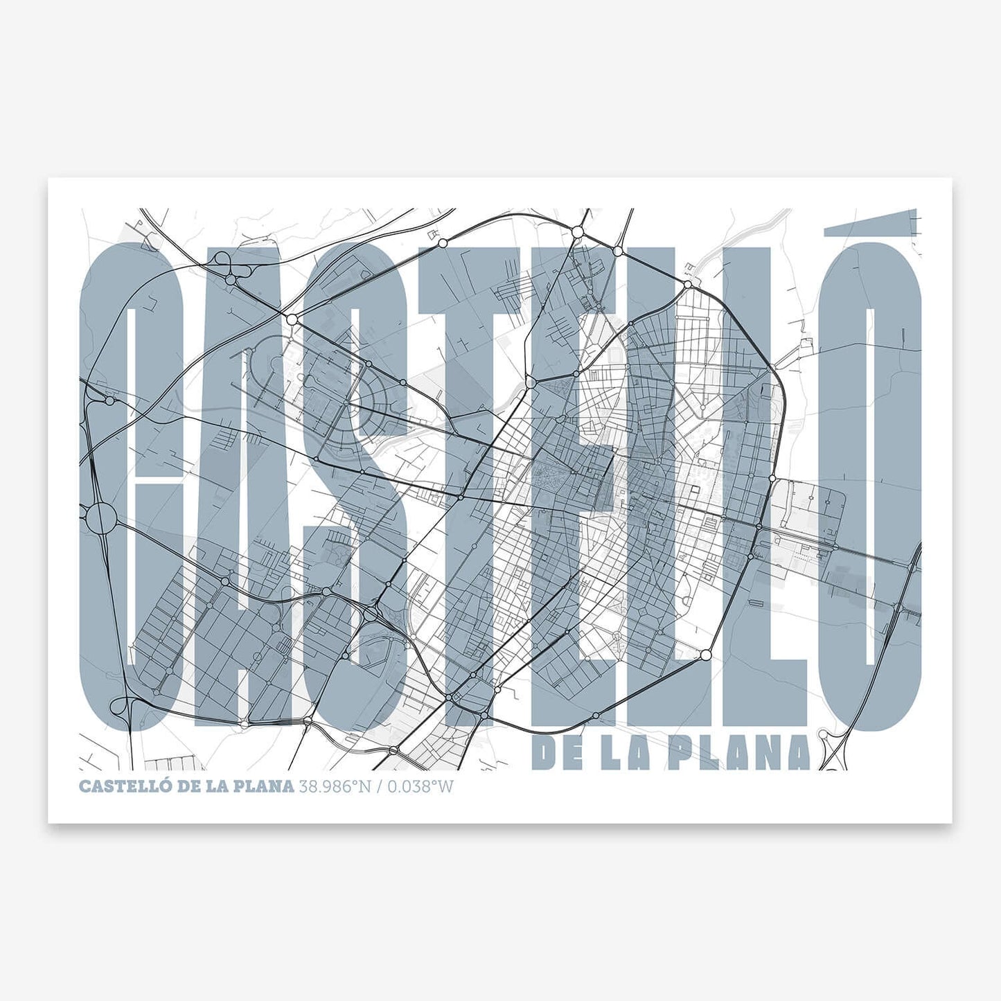 The map of Castellon and letters of its name in a giclée print designed in black and white